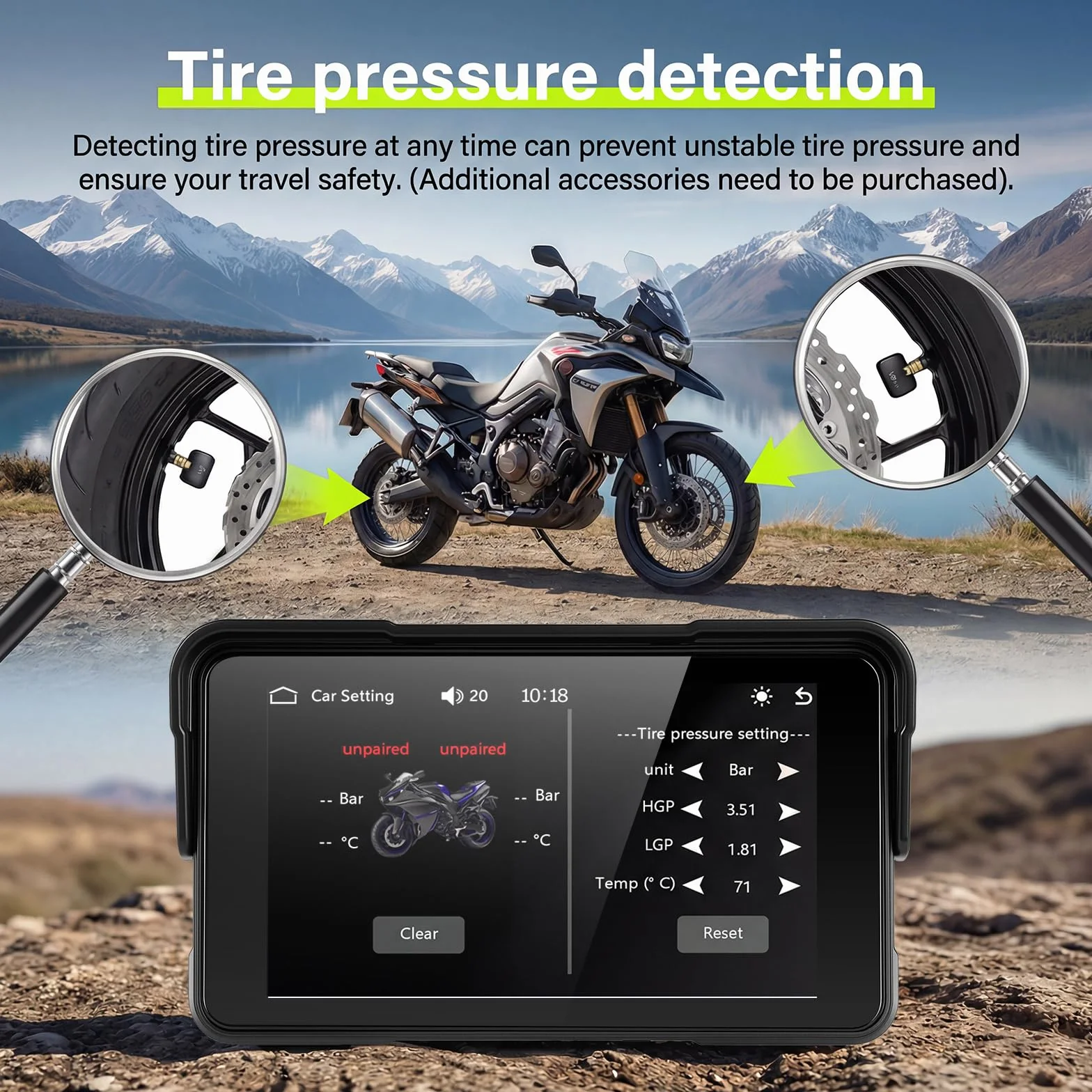 Rimoody Navegador Moto 5 Pulgadas con CarPlay y Android Auto Inalámbrico - GPS para Moto Impermeable IP68, Pantalla Táctil 5'', Montaje Universal, Detección de Presión de Neumáticos 12 V