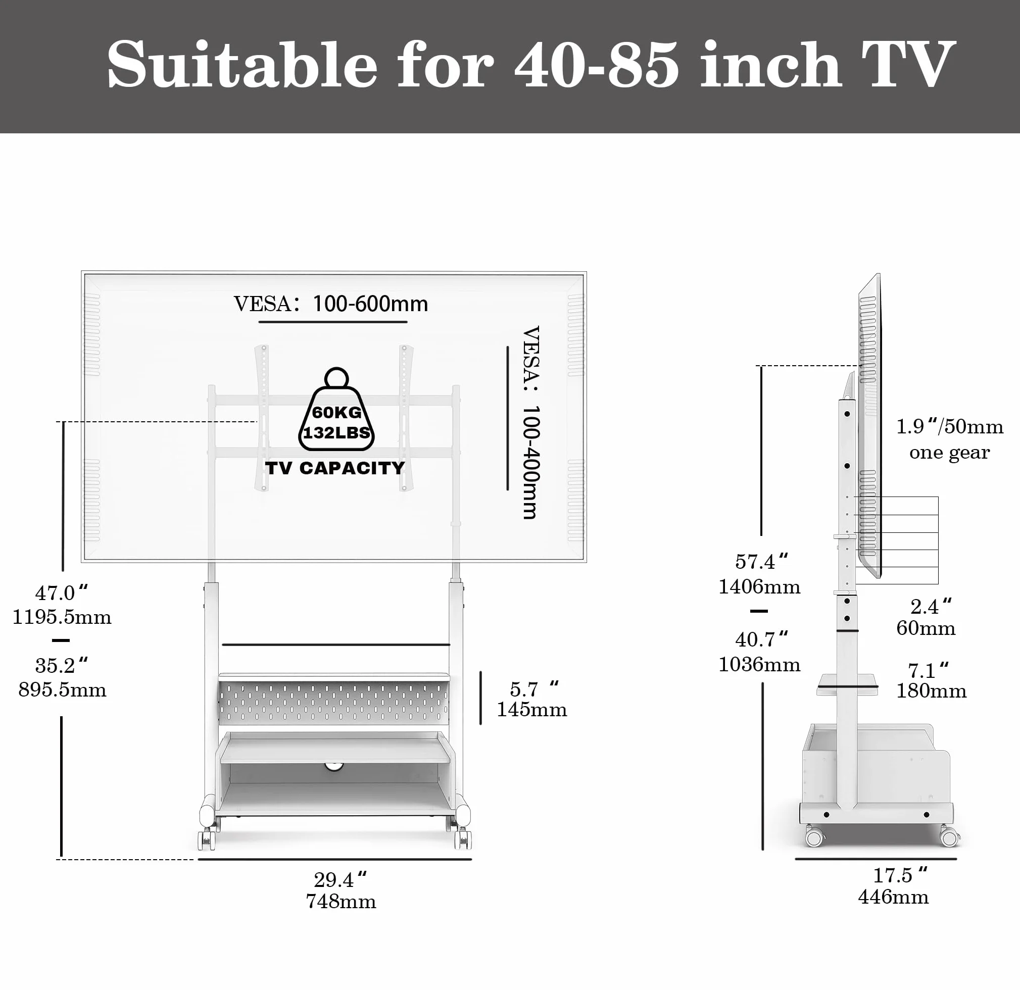 FITUEYES Soporte TV con Ruedas para Pantallas de 40 a 85 Pulgadas,MAX Carga de 60kg,Soporte TV Móvil con Mueble de Madera y Tablero Perforado,Altura Ajustable y Gestión de Cable,Serie K