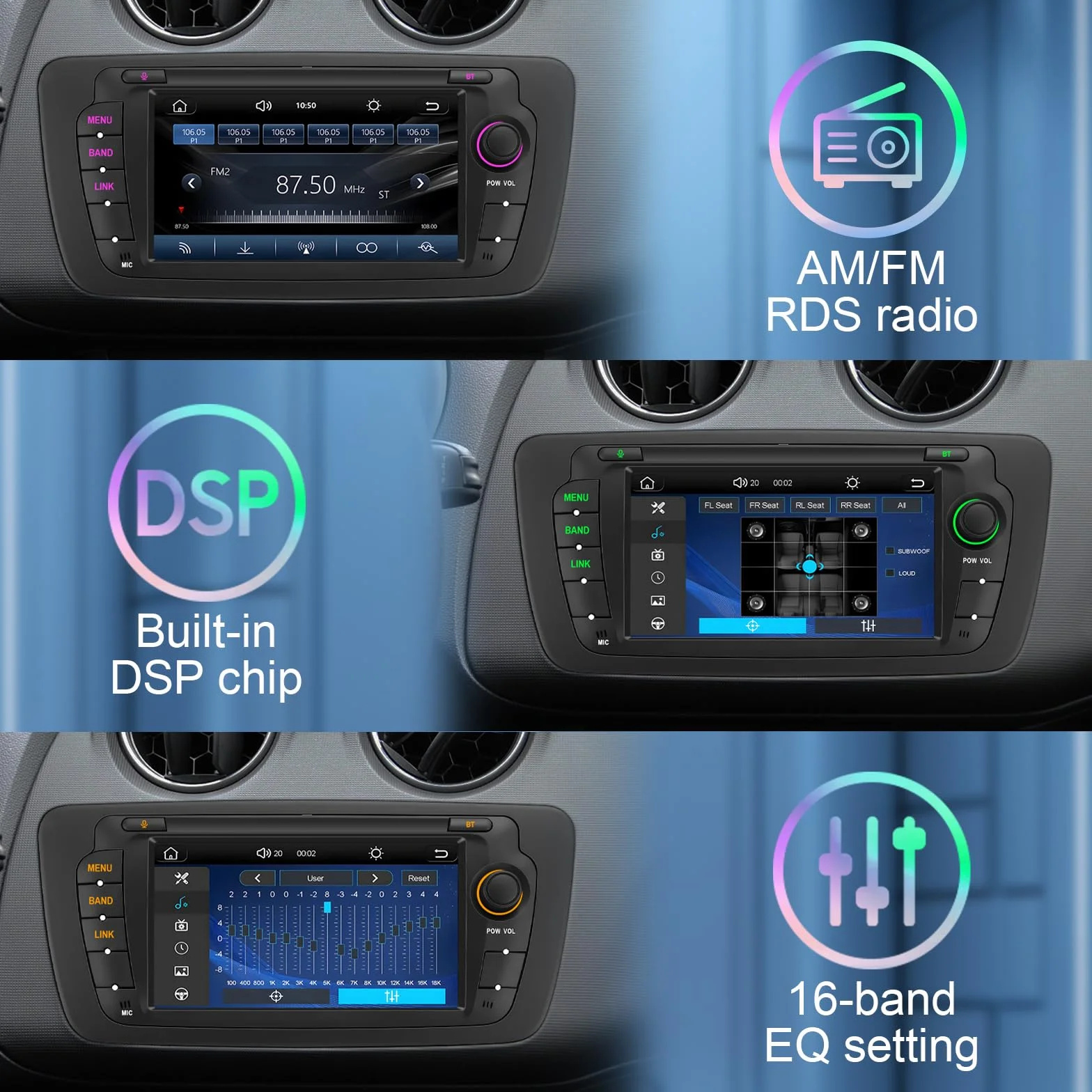 Autoradio Compatible con Seat Ibiza 6j (2009-2014) – CarPlay & Android Auto inalámbricos, Bluetooth Integrado, micrófono, Sintonizador Am/FM RDS, Puerto USB y función DSP/Subwoofer