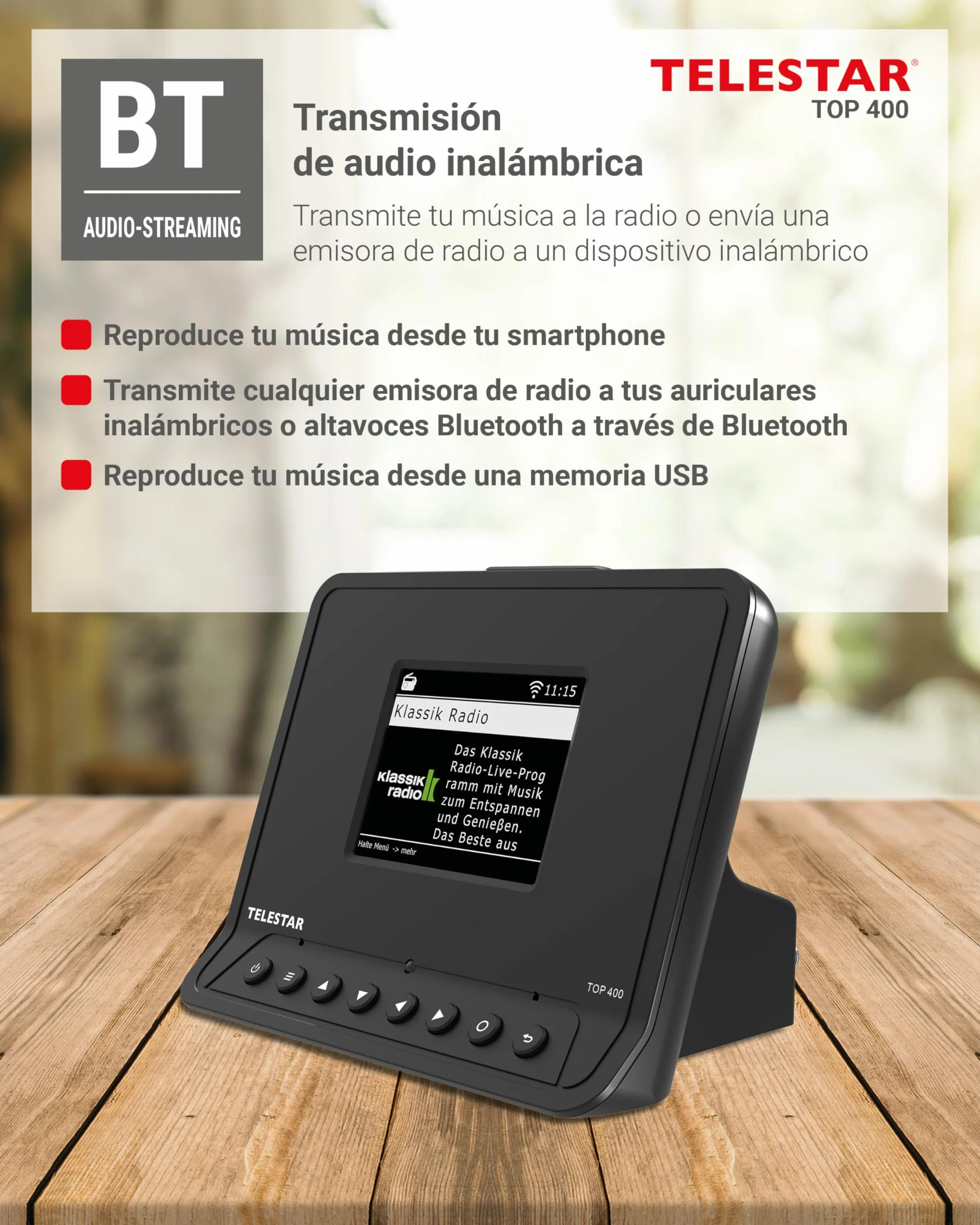 TELESTAR Top 400 – Adaptador HiFi para actualizar Equipos HiFi – Negro | Radio por Internet, DAB+, streaming, Bluetooth audio y transmisión, grabación USB, modo hotel y nocturno