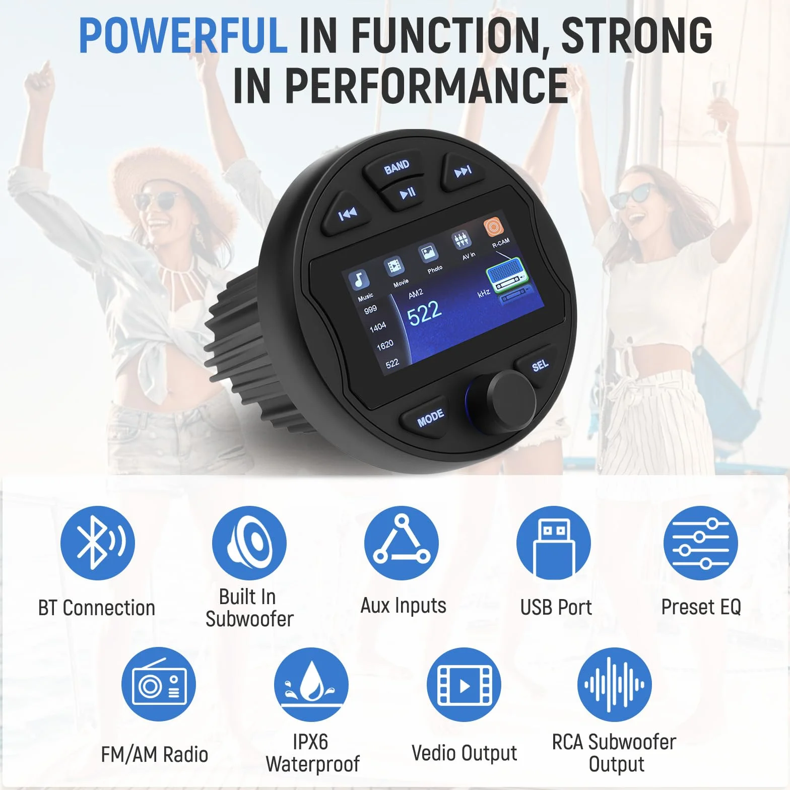 Radio marina RCA subwoofer barco estéreo MP5 reproductor multimedia para BT & FM/AM funcional, USB IPX6 resistente al agua para barcos y uso profesional