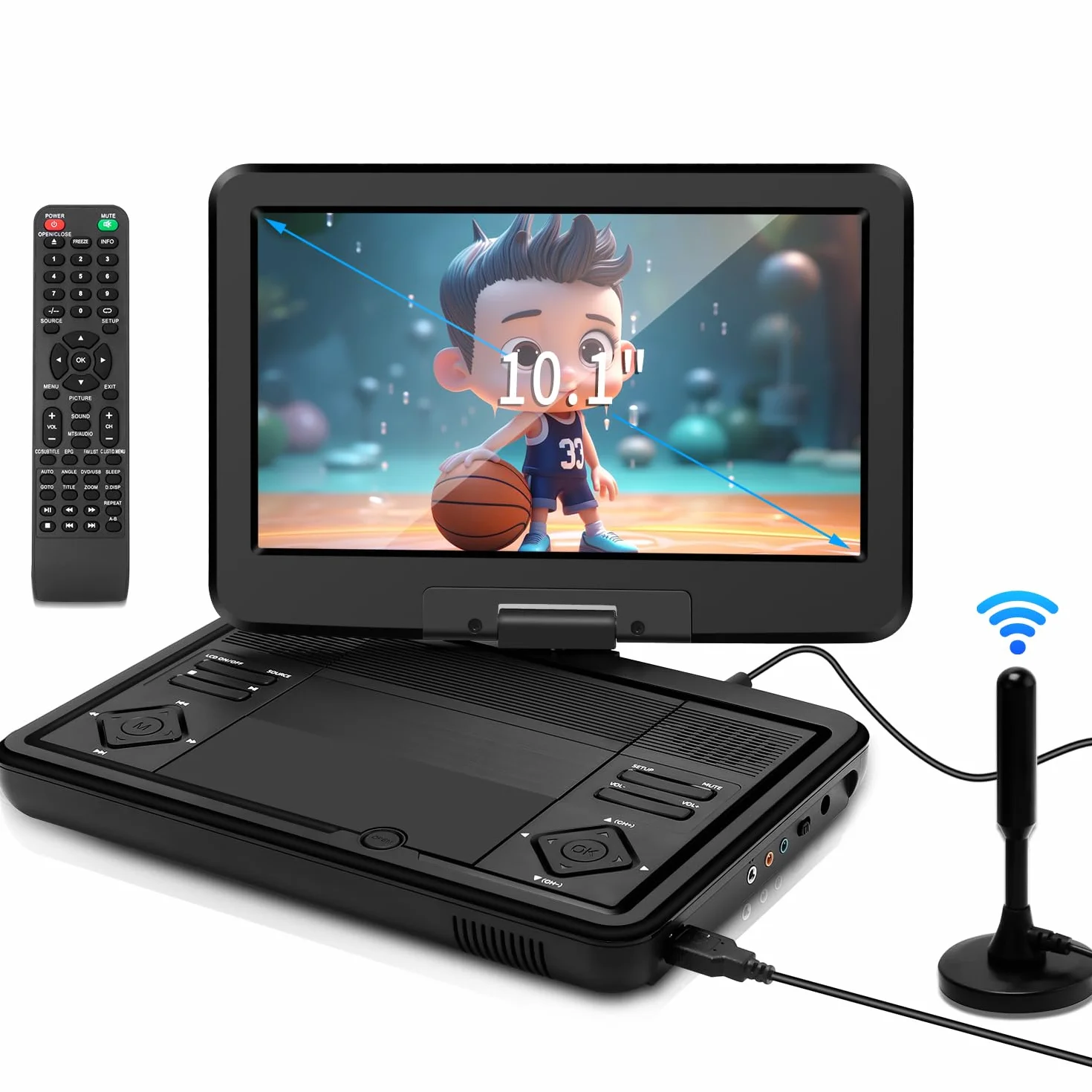 KCR Reproductor de DVD portátil 10.1" con TV DVB-T2 integrada, Pantalla LED giratoria, USB/HDMI/AV, batería recargable