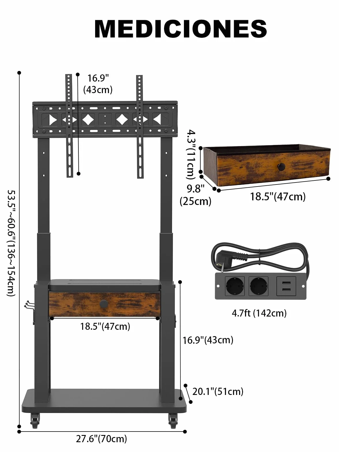 Soporte de TV rodante con toma de corriente y cajón de tela para visualización plana/curvada de 32-75 pulgadas de hasta 200 libras, LCD/LED/OLED, altura ajustable, carrito de TV móvil con ruedas, para