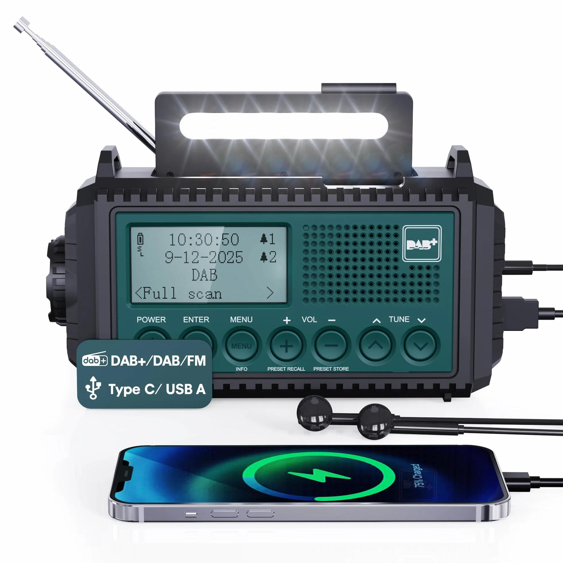 Radio de Manivela Dab+/Dab/FM con Batería Recargable 5000 mAh, Linterna y Carga USB, Alarma SOS