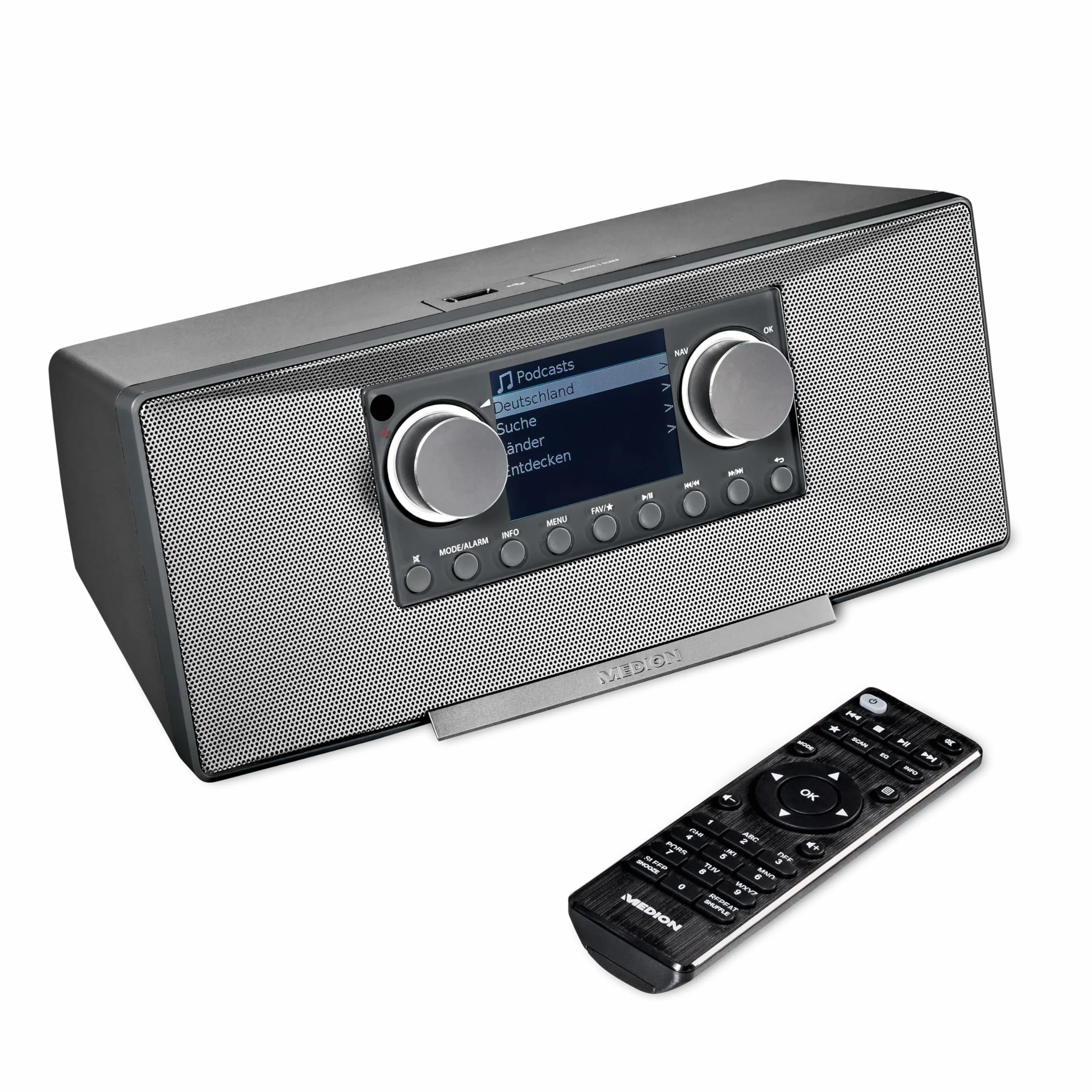 MEDION P85333 Radio por Internet con Dab+ (WiFi, FM, Spotify Connect, Amazon Music, USB, Toma de Auriculares, AUX, Stereo Line-out Cinch, Temporizador de sueño) Gris