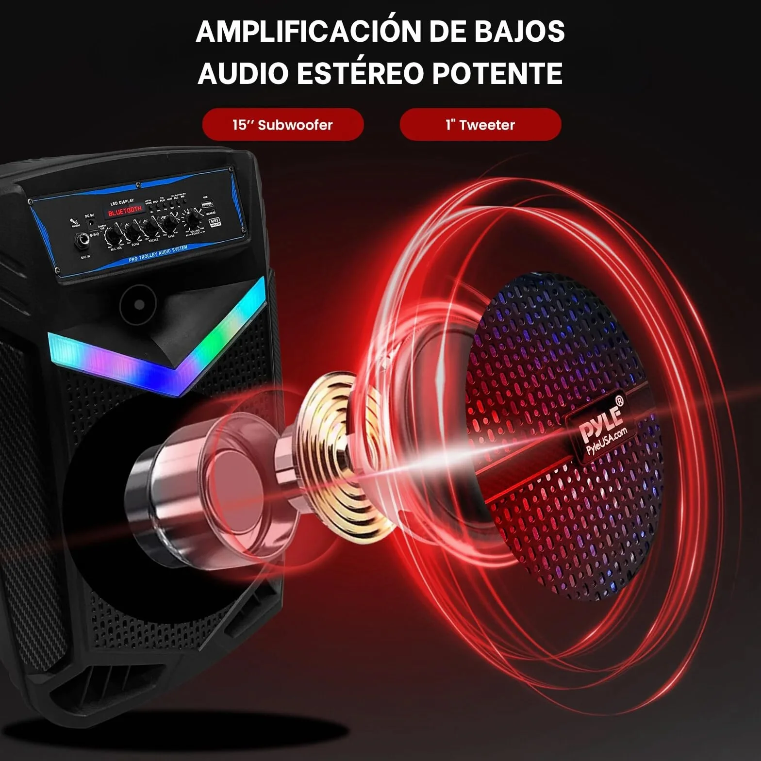 Pyle Sistema de Altavoces PA 1200W Bluetooth Portátil Subwoofer 15" Tweeter 1" Negro