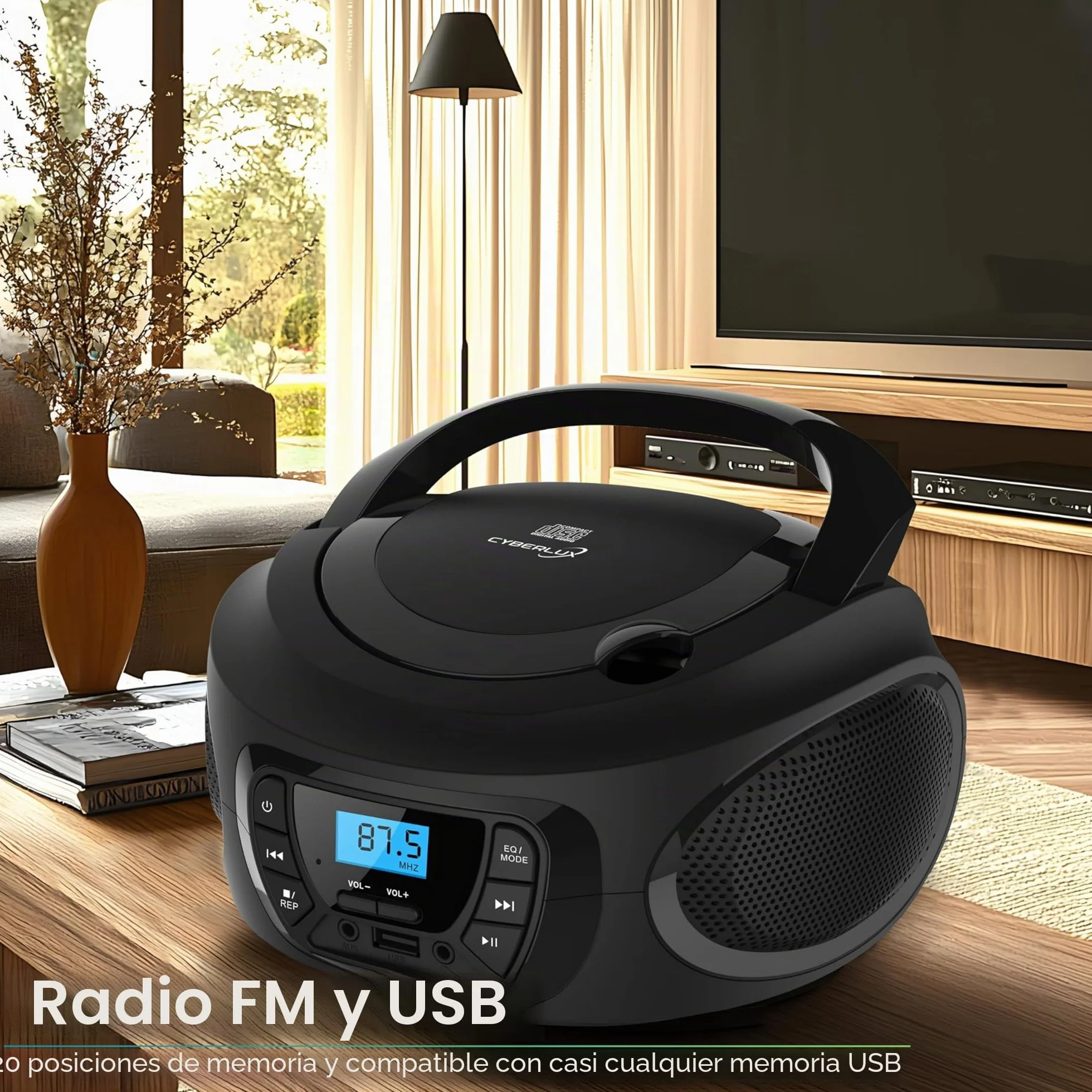 Boombox Reproductor de CD portátil Radio FM USB AUX Negro