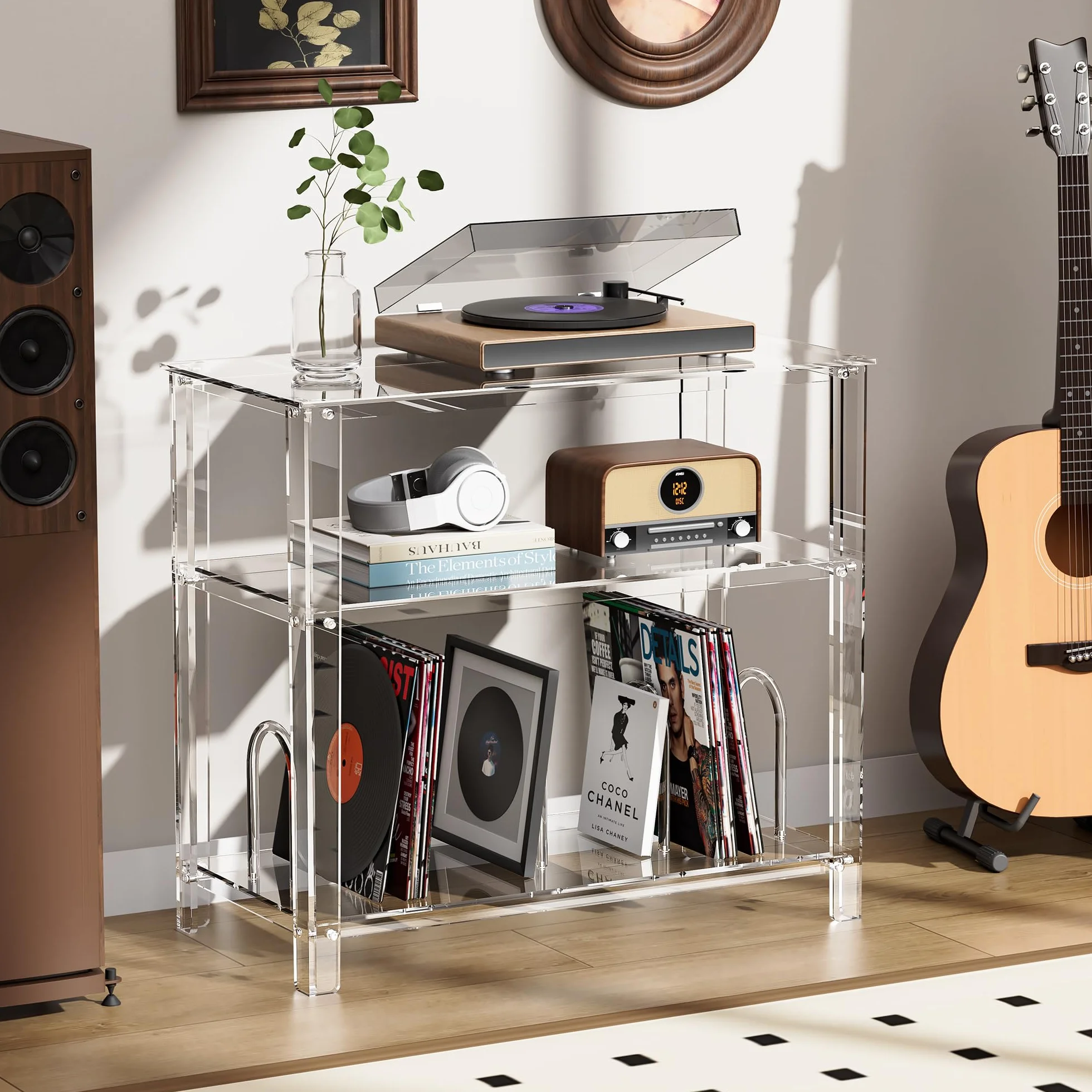 Mueble Tocadiscos, Acrilico Metacrilato, Soporte para Tocadiscos y Vinilo, Transparente, 80 x 40 x 74 cm