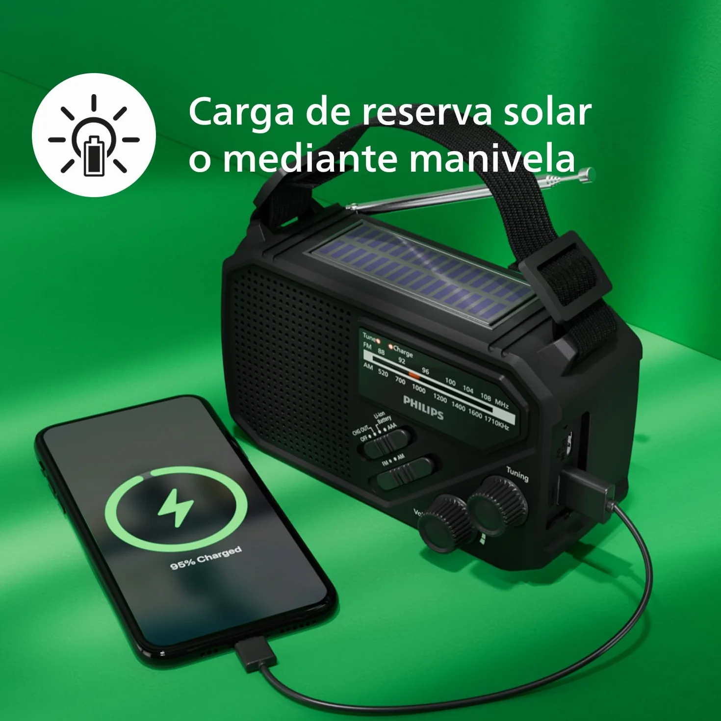 Philips TAR1609: radio portátil FM/AM con batería interna recargable, pilas AAA y manivela de soporte, energía solar, luz LED y linterna integrada para camping, senderismo o SI HAY cortes de corriente