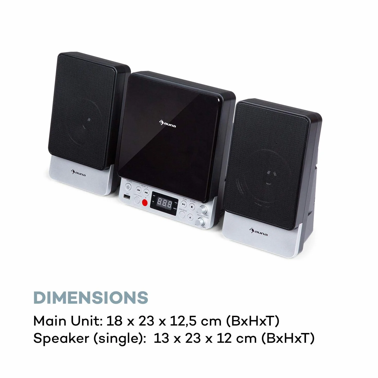 auna Microstar – Minicadena de música Vertical, Reproductor de CD, Bluetooth, Altavoces estéreo, USB, Pantalla LCD, iluminación LED, Vertical o en Pared, Entrada AUX/Salida de vídeo, Plateado
