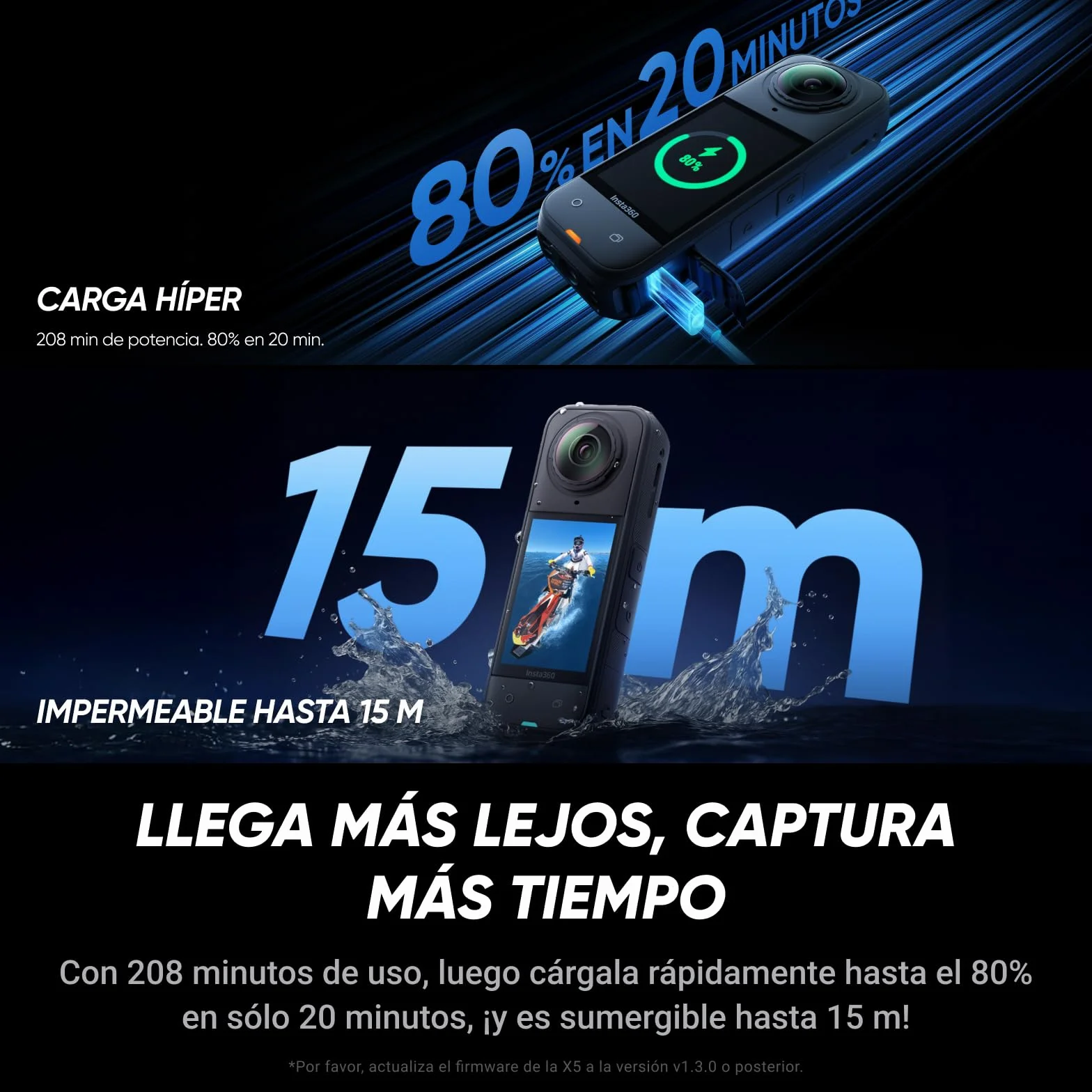 Insta360 X5 Cámara 8K 360° resistente al agua, estabilización, batería 3h, triple chip IA
