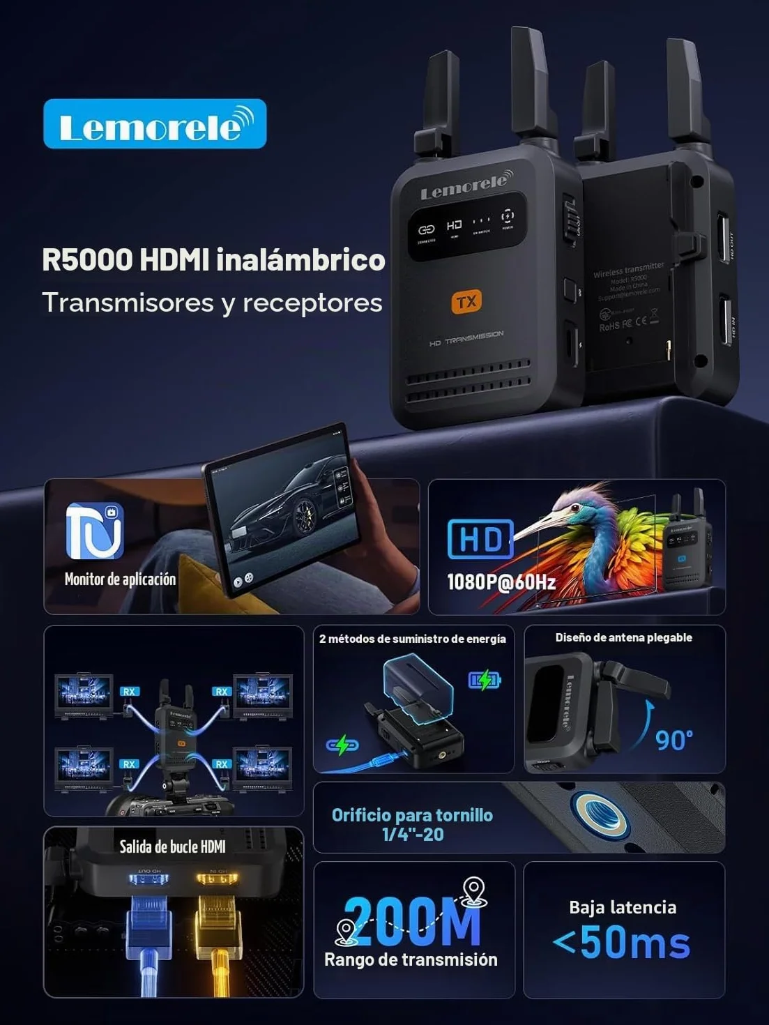 Lemorele HDMI Inalámbrico 200M con Antena Plegable, Transmisor y Receptor Vídeo (1 TX a 4 RX) con Loop-out y App para Cámara DSLR, Fotografía y Live Stream