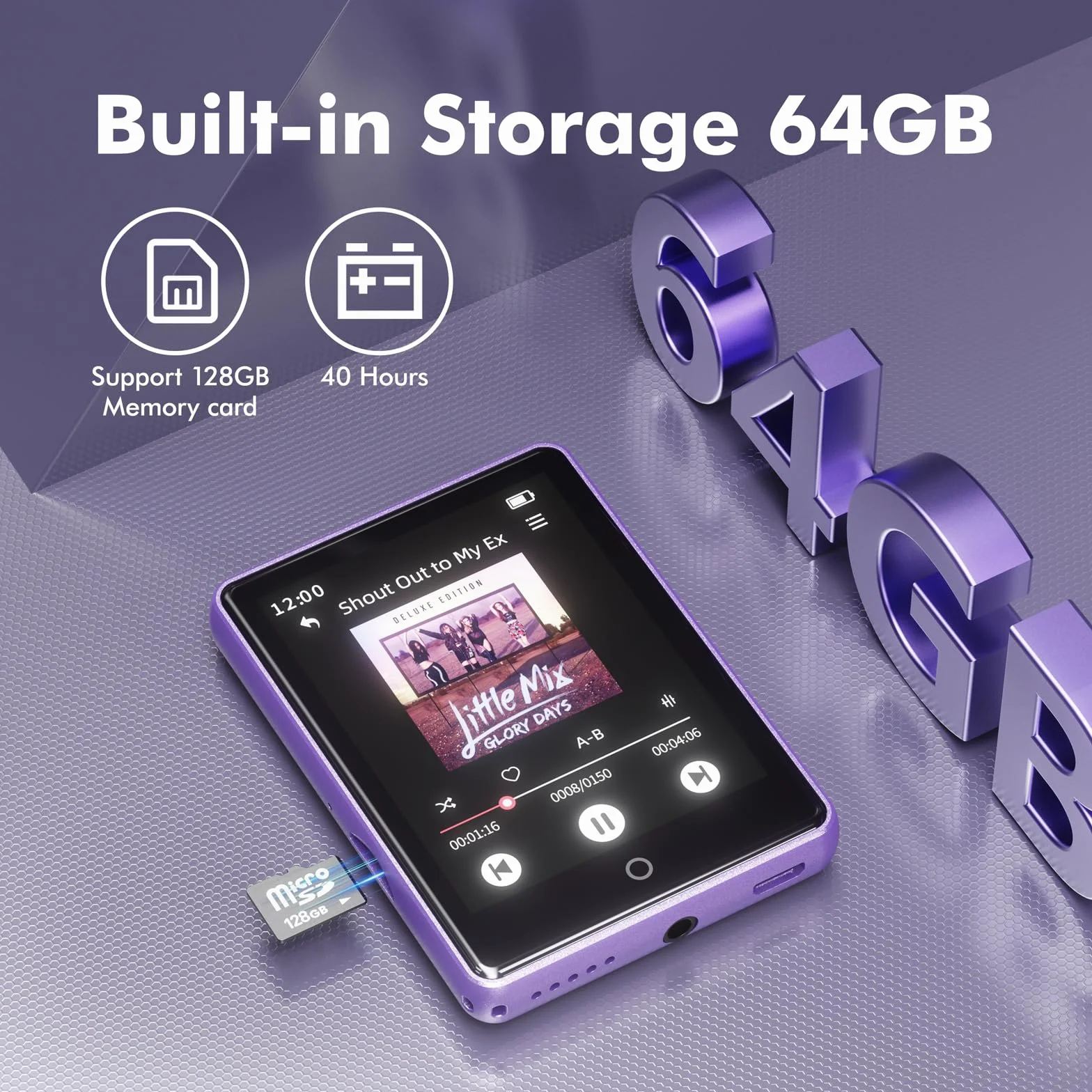 Reproductor MP3 Bluetooth 5.3, 64 GB, Pantalla táctil 2,8 Pulgadas, Sonido HiFi, Radio FM, Ampliable 128 GB (Morado)