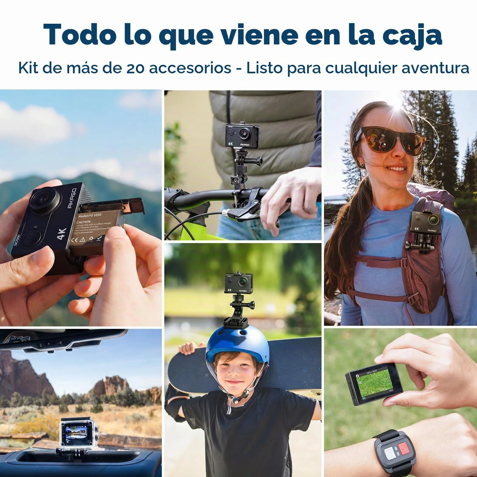 AKASO EK7000 Cámara Deportiva 4K 20MP WiFi 170° Gran Ángulo EIS Control Remoto 2.4G Sumergible 30M 2 Baterías 64GB