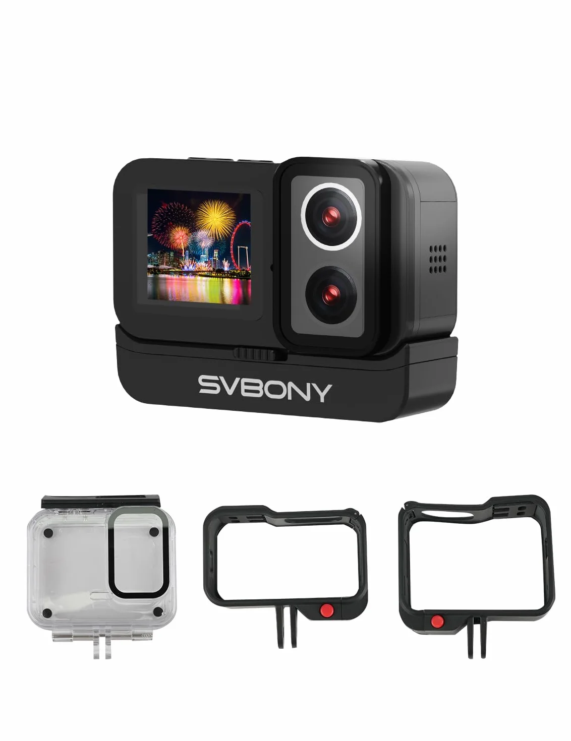 SVBONY SVGo Cámara de Acción 4K30FPS, Lente Dual F2.0/F1.4, Pantalla IPS Dual, Visión Nocturna, Liberación Rápida Magnética, EIS, Resistente al Agua Hasta 30m, Batería de 1860mAh (2 Horas de Duración)
