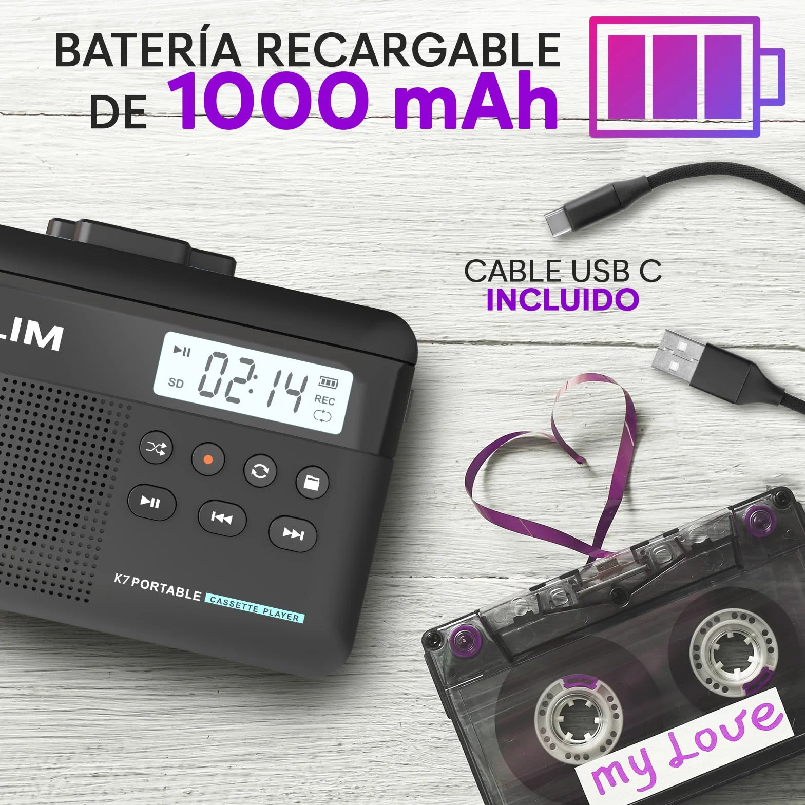 KLIM K7 Reproductor Cassette a MP3 Portátil con Micrófono y Altavoz Integrados Batería Recargable Negro