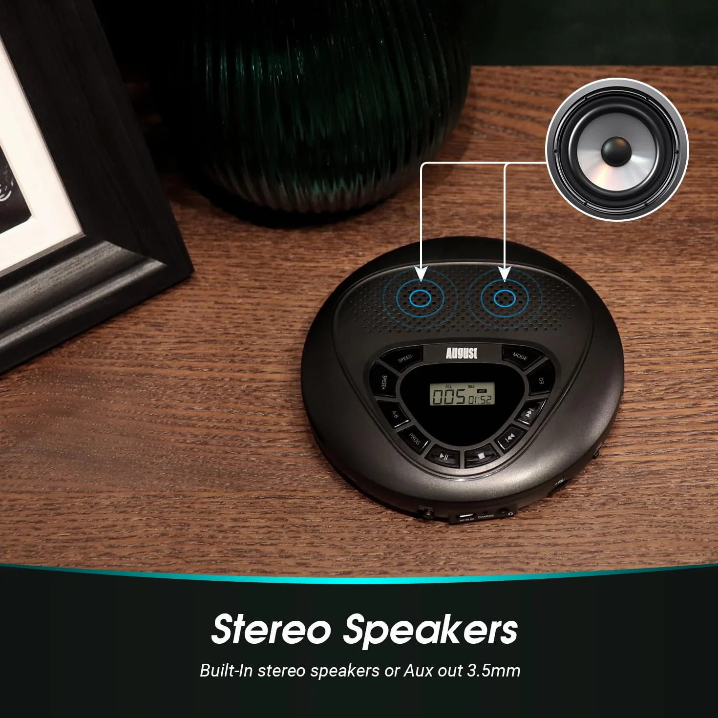 August SE10 Reproductor de CD Portátil con MP3, Batería Recargable, AUX, Anti-Shock