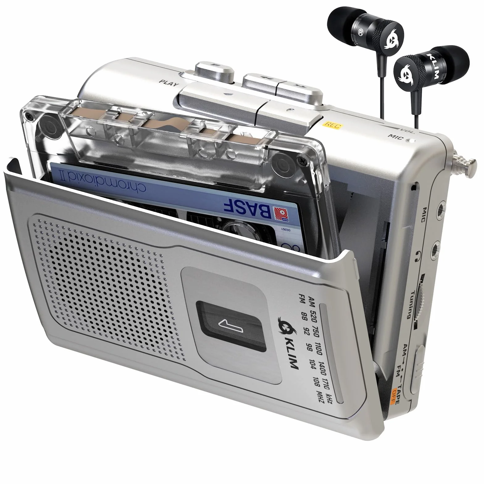 KLIM K8 Reproductor Cassette - Radio AM/FM - Micrófono y Altavoz Integrados - Plata
