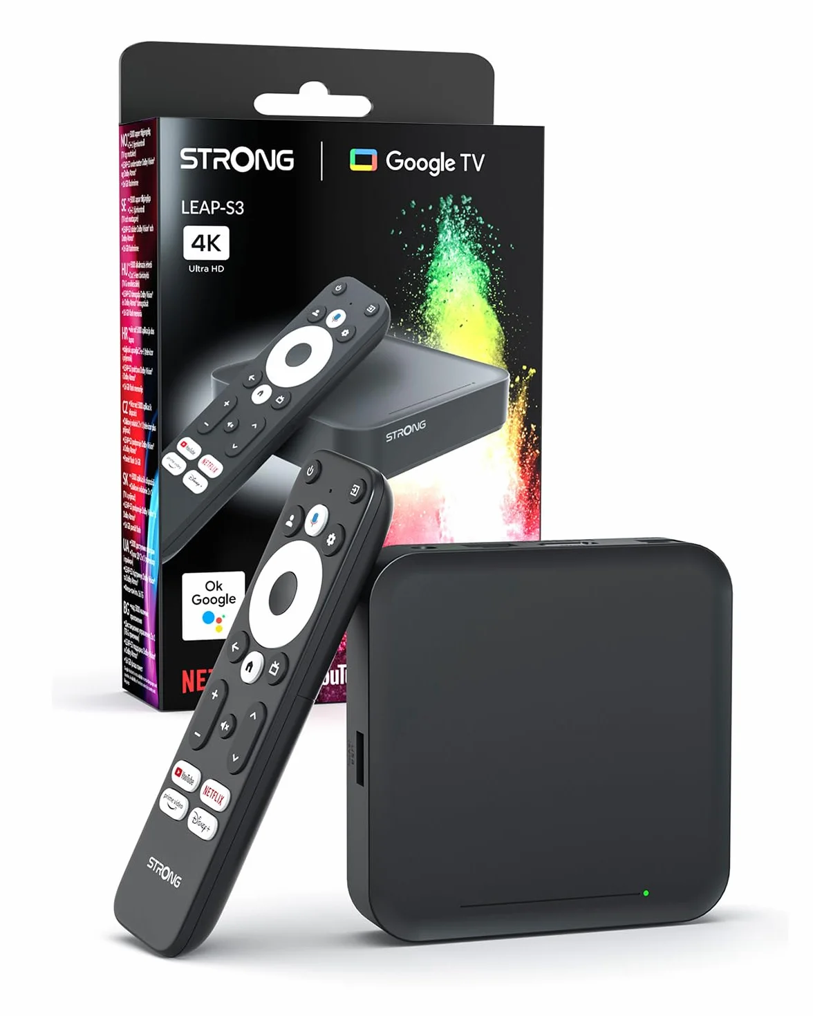 Leap-S3 4K UHD Google TV Streaming Box con Puerto Ethernet, 2 GB de RAM + 16 GB de Almacenamiento, Chromecast Integrado, WiFi, Control por Voz de Google, HDR10+