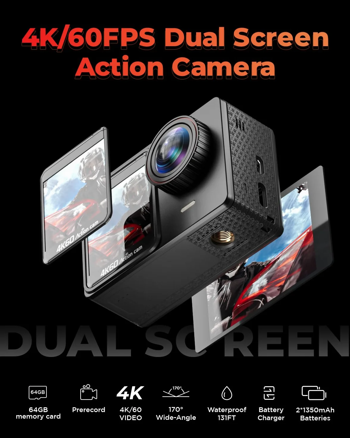 Cámara Deportiva 4K 60FPS con 64GB Tarjeta SD, 131FT Acuática, 24MP HD, 8X Zoom WiFi, 2x1350mAh Baterías