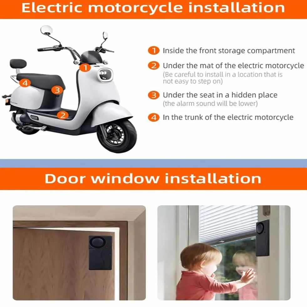 Mengshen Inalambrico Antirrobo Vibracion Puerta Ventana Alarma Sensor de Movimiento Alarma con 2 Mandos a Distancia para Bicicletas EBikes Scooter Coche (4 sensores con 2 mandos a Distancia)