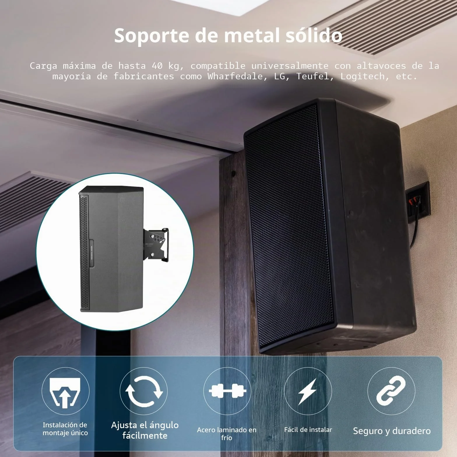 Soportes de Pared para Altavoces Resistentes, Montaje en Pared Universal para Altavoces Samsung/Bose/LG/Yamaha/Teufel, Soportes de Pared de ángulo Ajustable, soporta hasta 40 kg (1 par)
