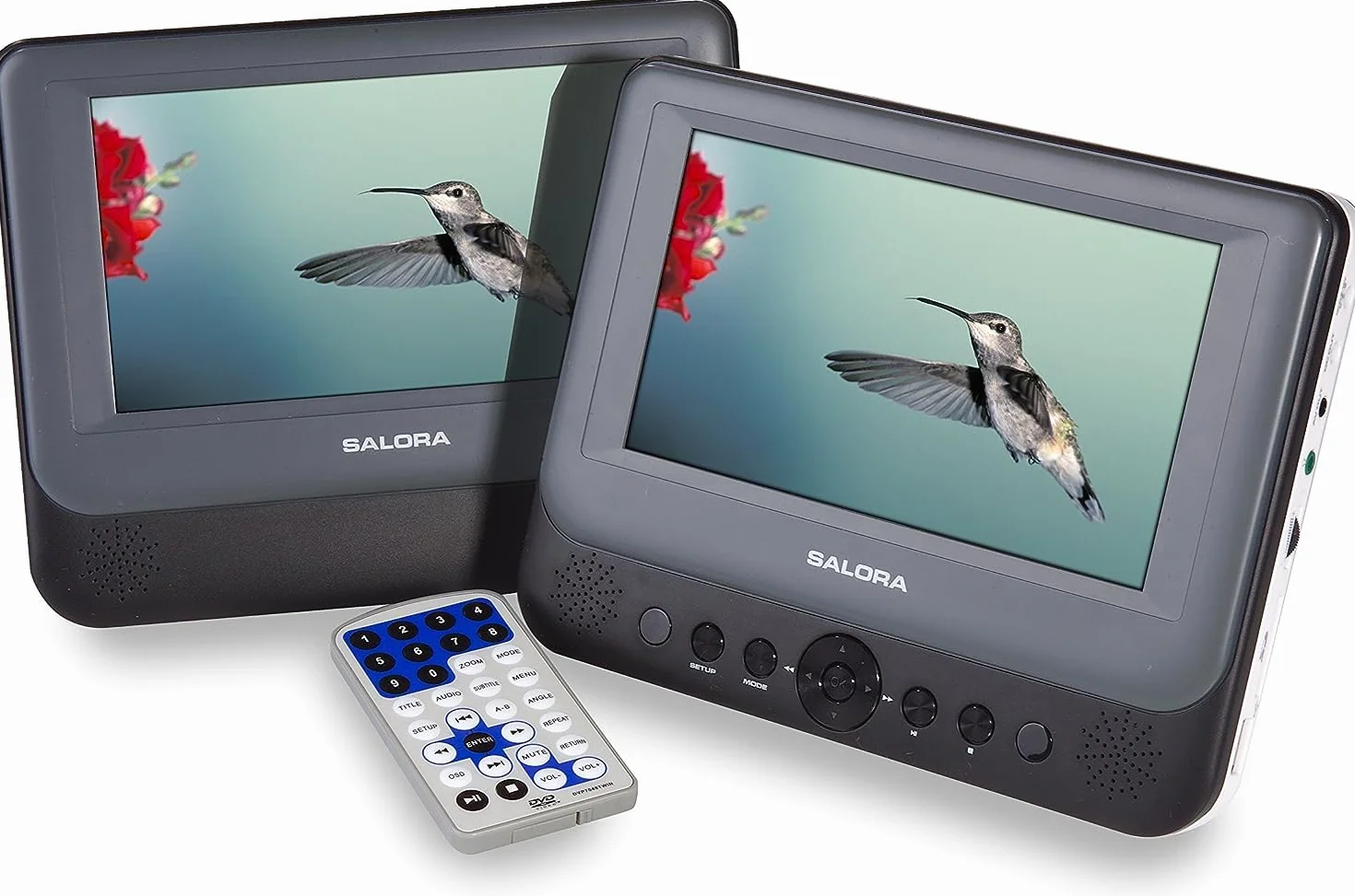 Salora DVP7048TWIN Reproductor DVD Portátil 2×7″ Gris y Blanco – DVD Portátil Dual Screen, Compatible CD/DVD±R/RW, Salida AV, Batería 2 h, Pantalla Coche Niños, USB y Control Remoto