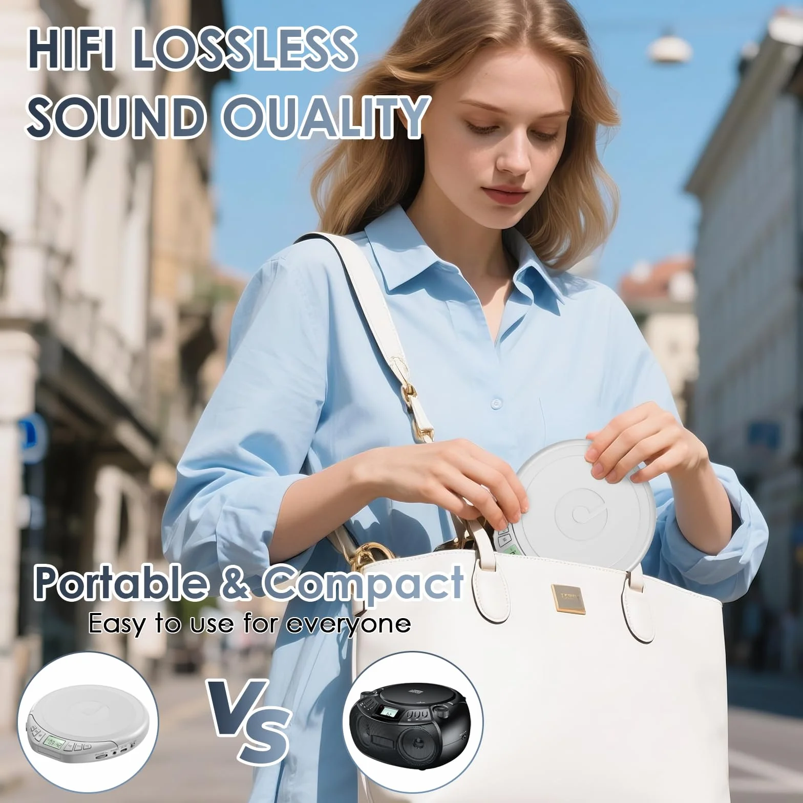 Gueray Reproductor de CD HiFi Portátil con Pantalla LCD, Función Memoria, Repetición, Efecto Sonoro Plateado