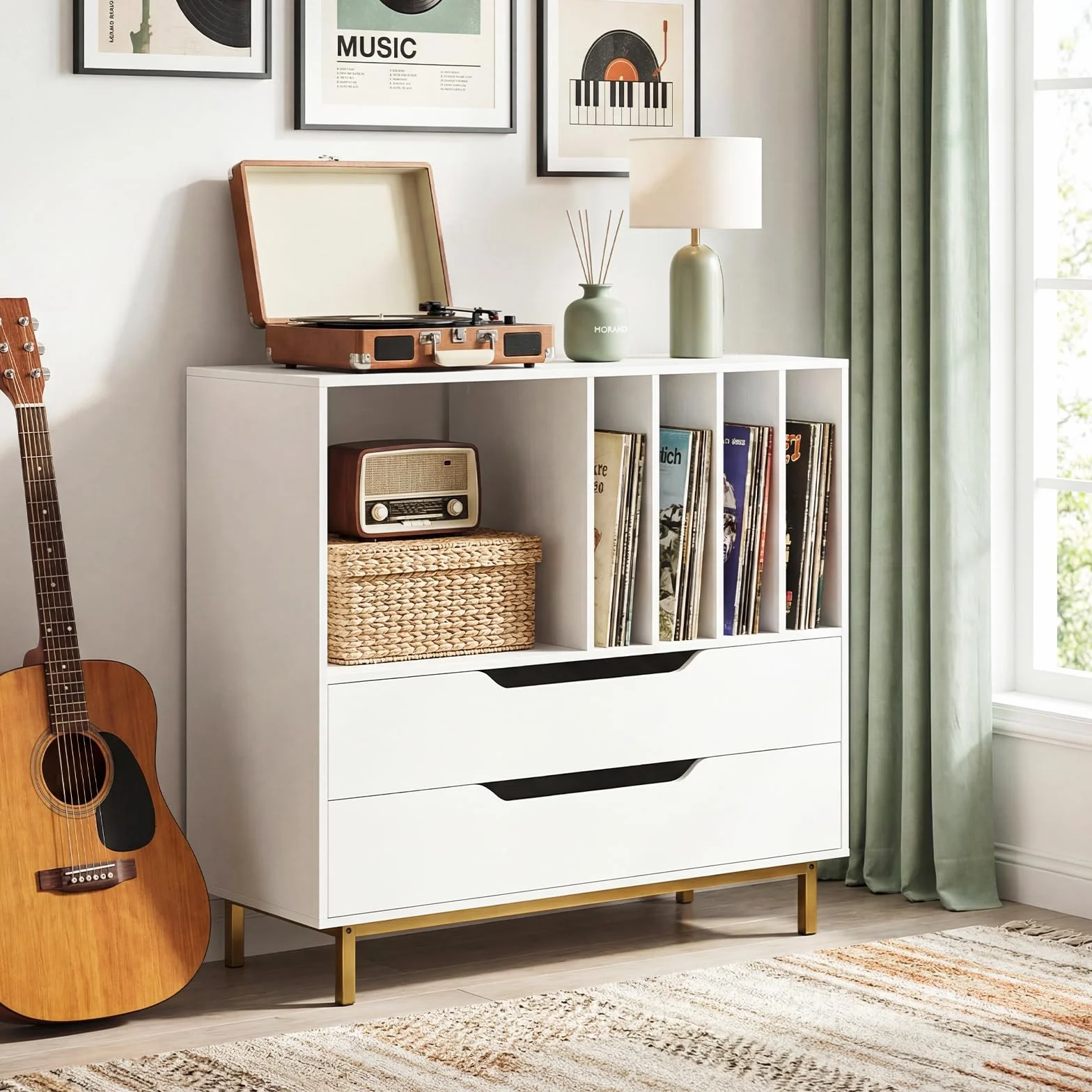 COSTWAY Mueble Tocadiscos, Soporte para Tocadiscos con Compartimento Abierto, 4 Estantes de Vinilos, 2 Cajones y Patas de Metal, Mesa Auxiliar de Discos Vinilos para Salón, 91 x 36 x 87 cm (Blanco)