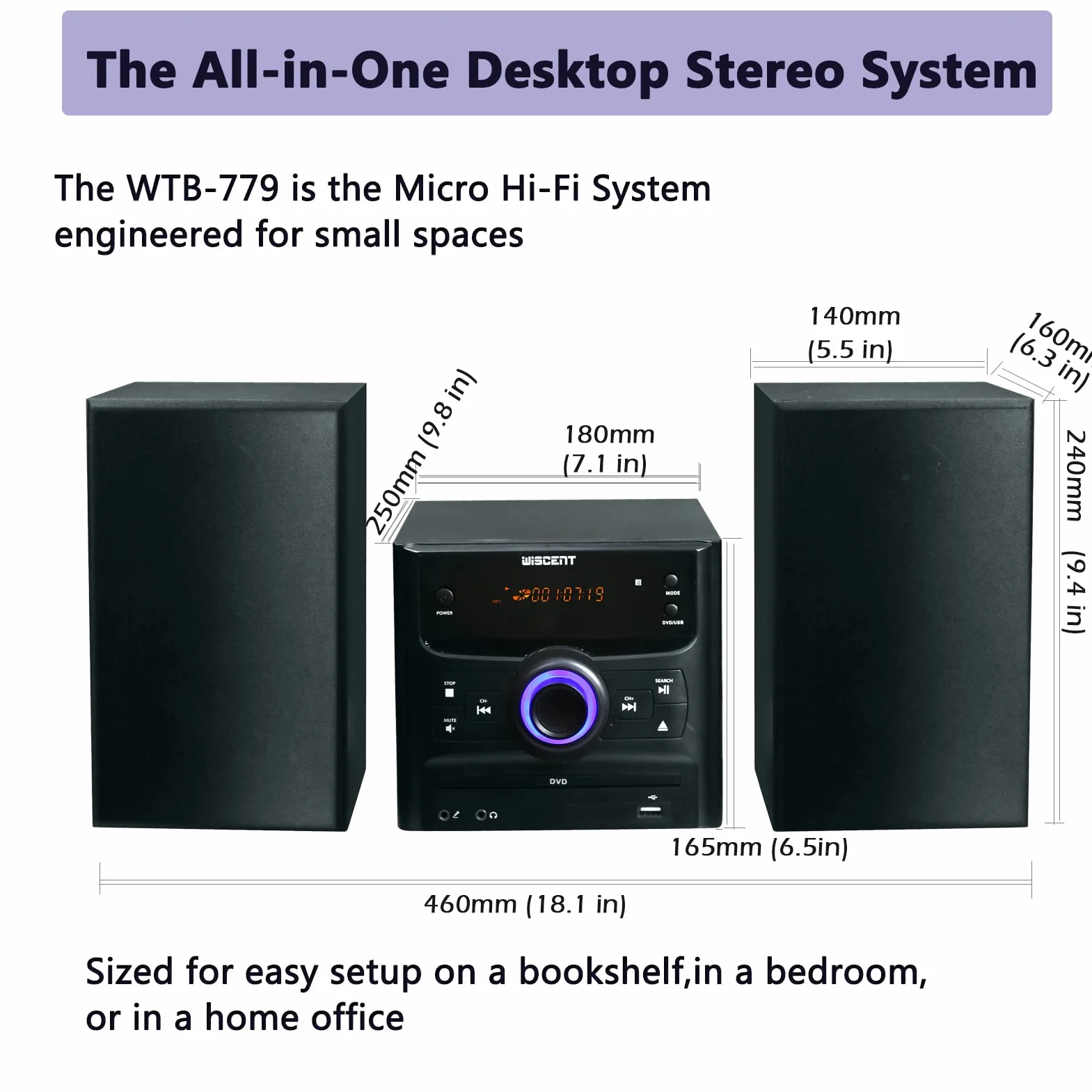 WISCENT Minicadena de Música con CD Bluetooth 30W Estéreo para el Hogar