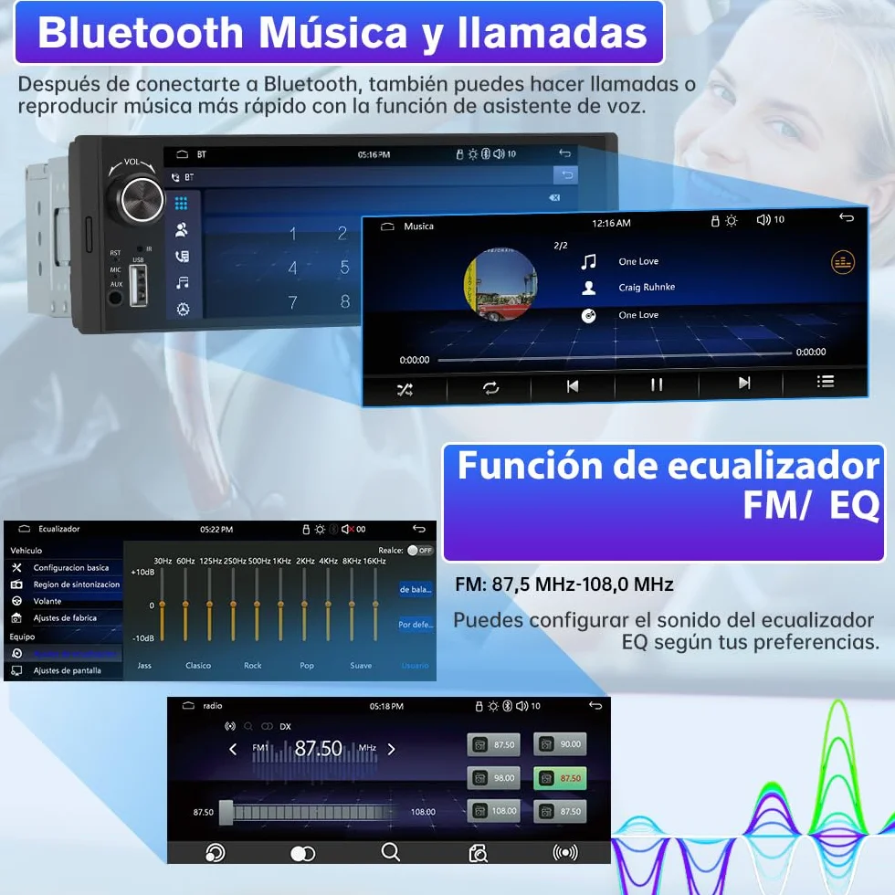 AWESAFE Universal 1 DIN Radio de Coche con Pantalla Táctil 6.36 Pulgadas, con CarPlay/AndroidAuto/Admite Carga Type-C/USB/Micrófono/FM/EQ/WiFi/GPS/Bluetooth/USB/SWC