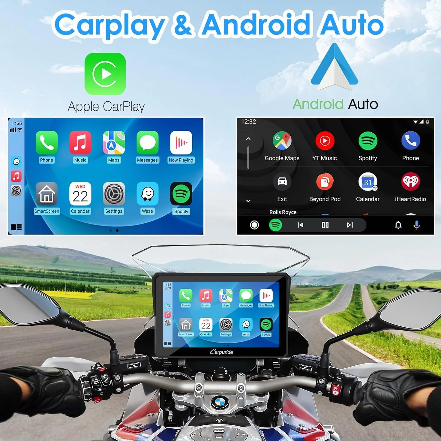 Carpuride W702B - Pantalla GPS Carplay para Motocicleta con Soporte Personalizado para BMW Motorbike, Inalámbrico CarPlay y Android Auto, Portátil 7 Pulgadas Impermeable Táctil Pantalla, Bluetooth