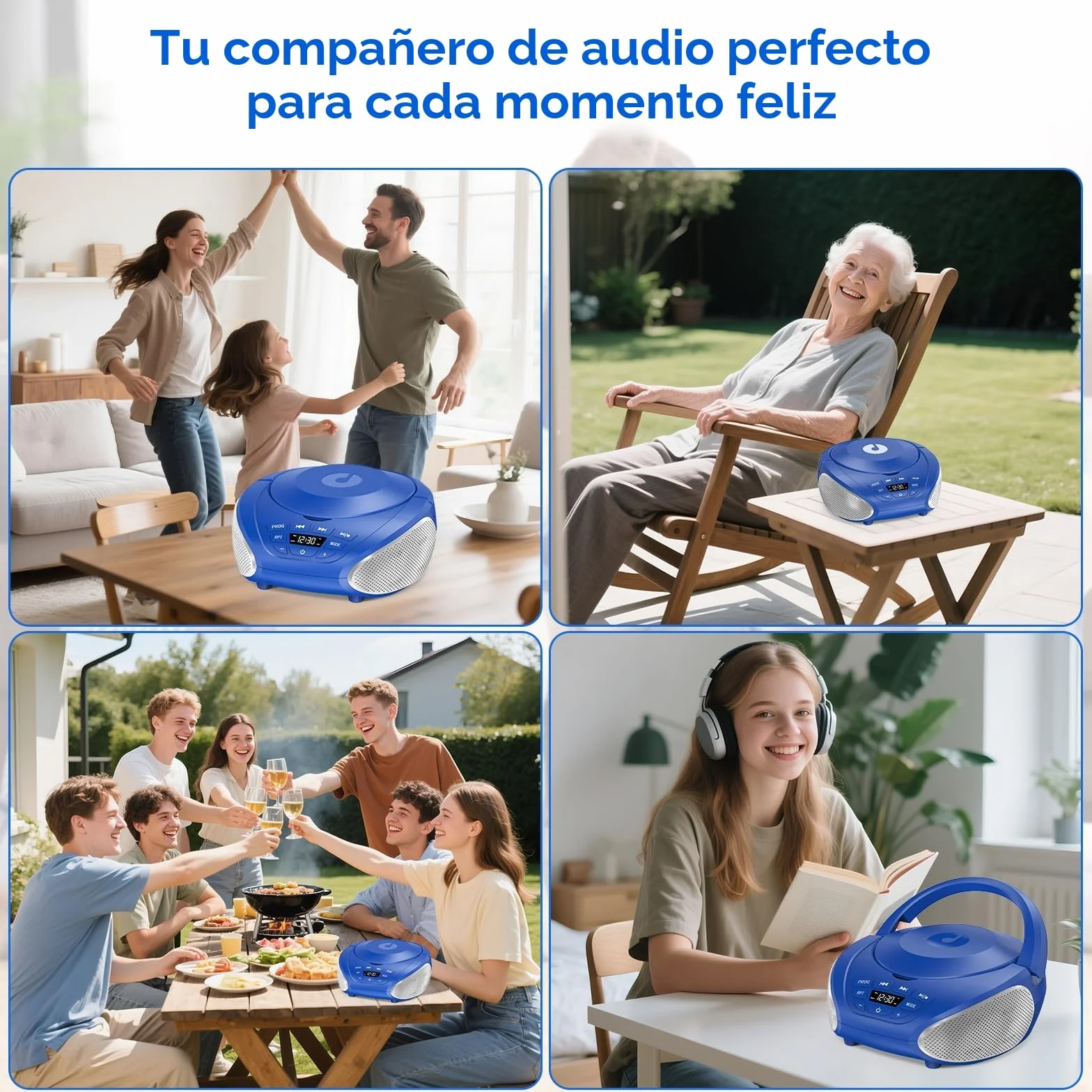 Gueray Reproductor CD Portátil Boombox Radio FM Estéreo con Altavoces Entrada AUX 3.5 mm Pantalla LCD Azul Plata