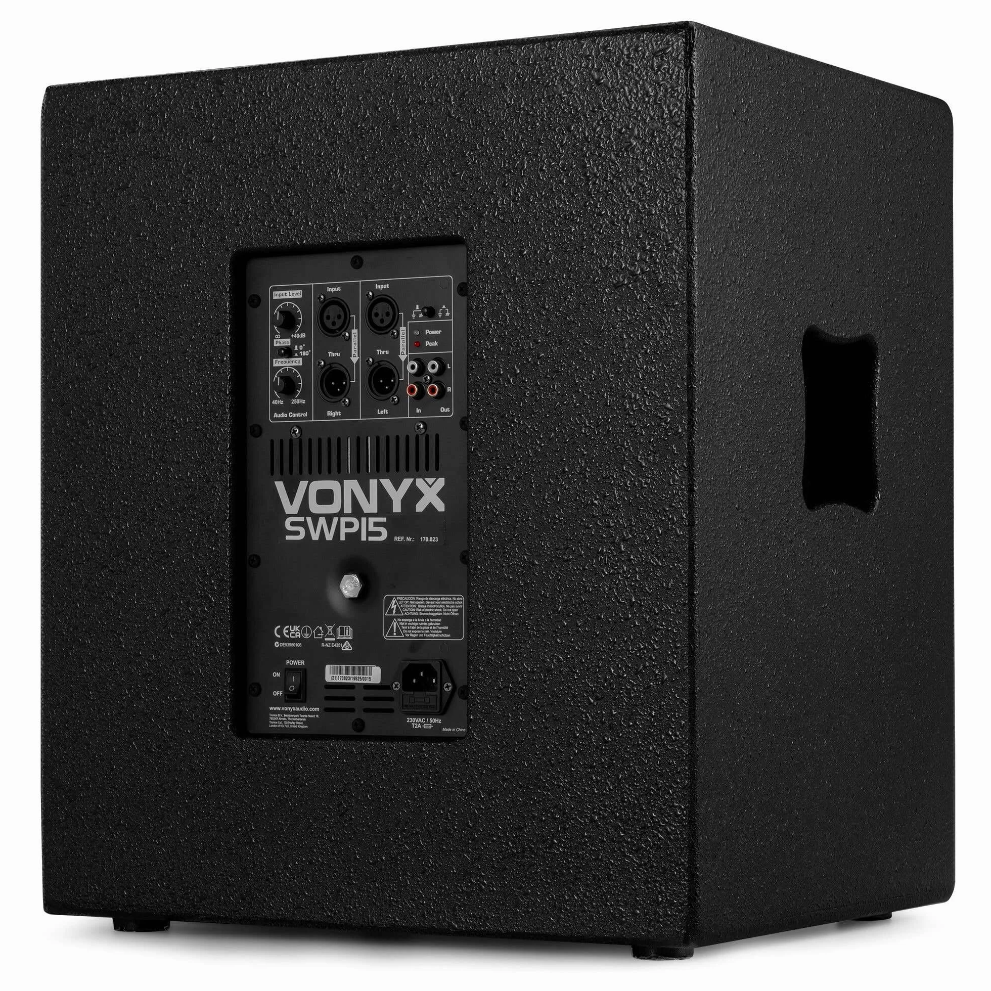 Vonyx SWP15 Pro Subwoofer PA Activo 38cm 15", 800W Potencia máxima, Amplificador Integrado, Bass Reflex, Altavoz Graves Apto Montaje en trípode, Ideal para Disco móvil, DJ, Eventos, conciertos.