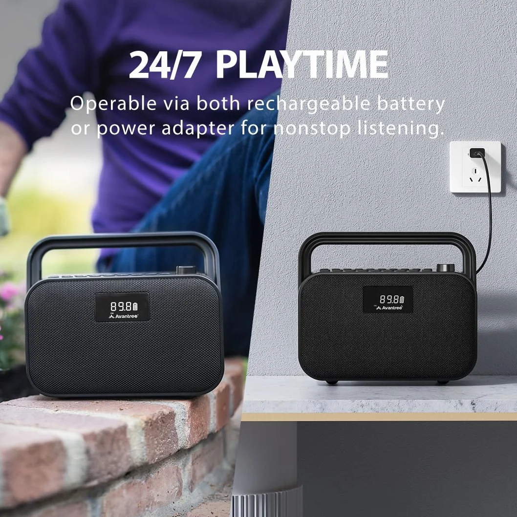 Avantree PowerByte - Radio FM Portátil Digital y Altavoz Bluetooth con Lector de Tarjetas SD, 30W de Potencia, Batería Recargable de 20 Horas, Lector de Memoria USB y Función con Cable