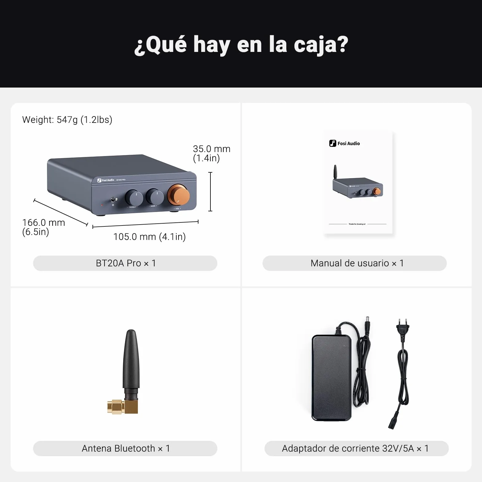 Fosi Audio BT20A Pro Amplificador HiFi, Mini Amplificador 300Wx2 con Bluetooth y Chip TPA3255, Stereo Audio Amp Clase D Estéreo 2.0 Canales, Ajuste de Graves y Agudos, Ampli de Potencia HiFi
