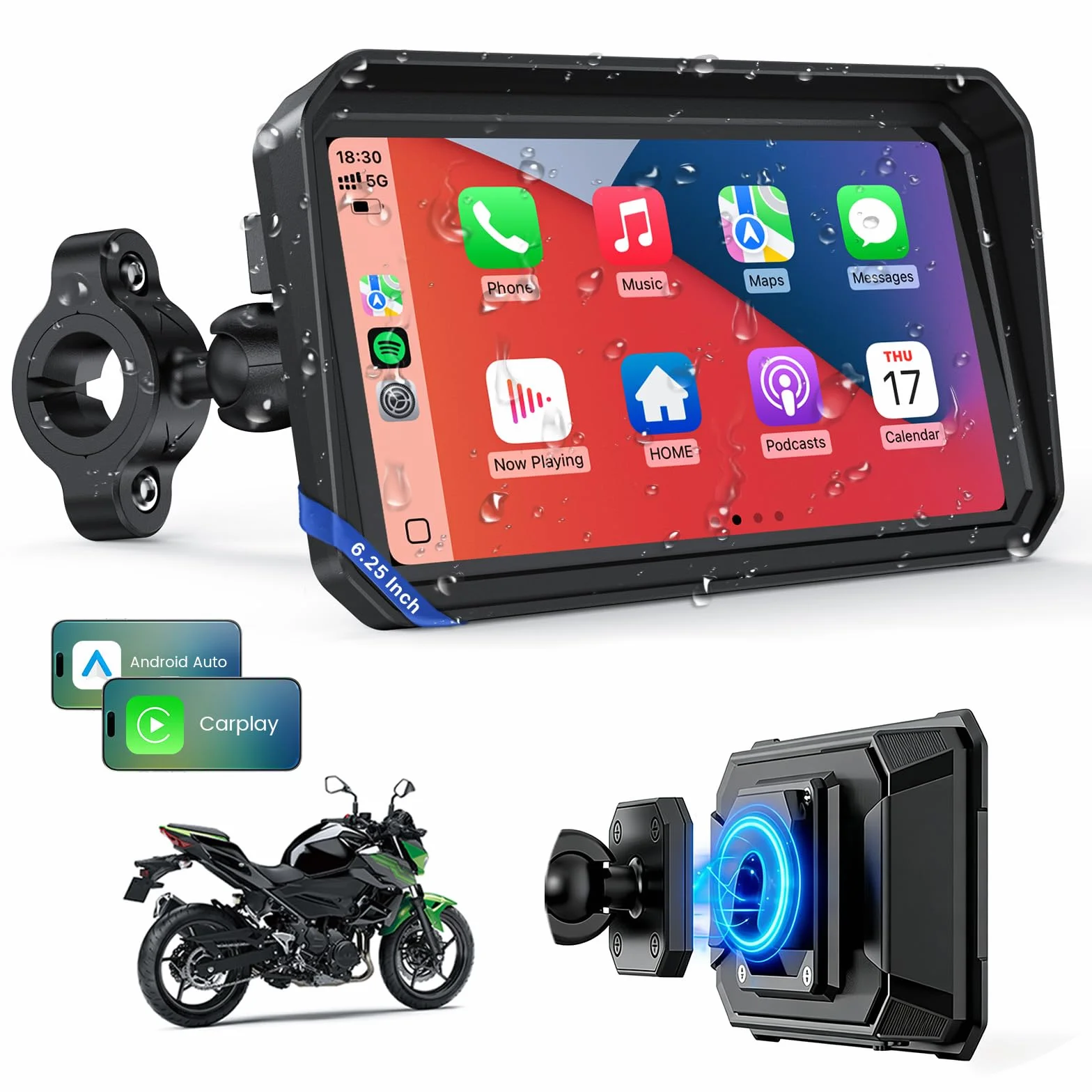 WonVon CarPlay para Motocicleta Sistema de Navegación GPS 6.25 Pulgadas con Apple CarPlay y Android Auto Doble Bluetooth