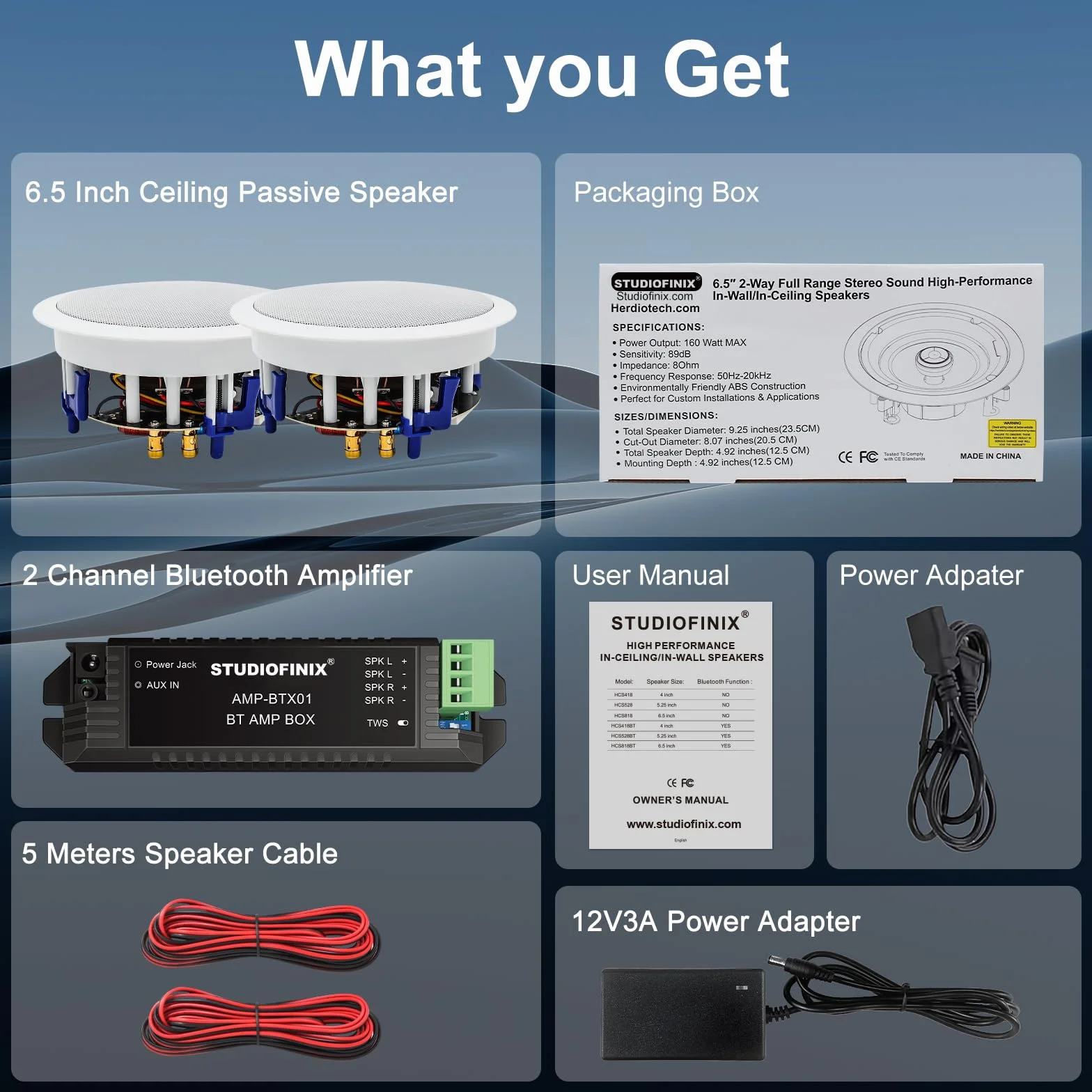 STUDIOFINIX Altavoces de techo Bluetooth 6.5 pulgadas 320 W 2 vías montaje empotrado sonido completo
