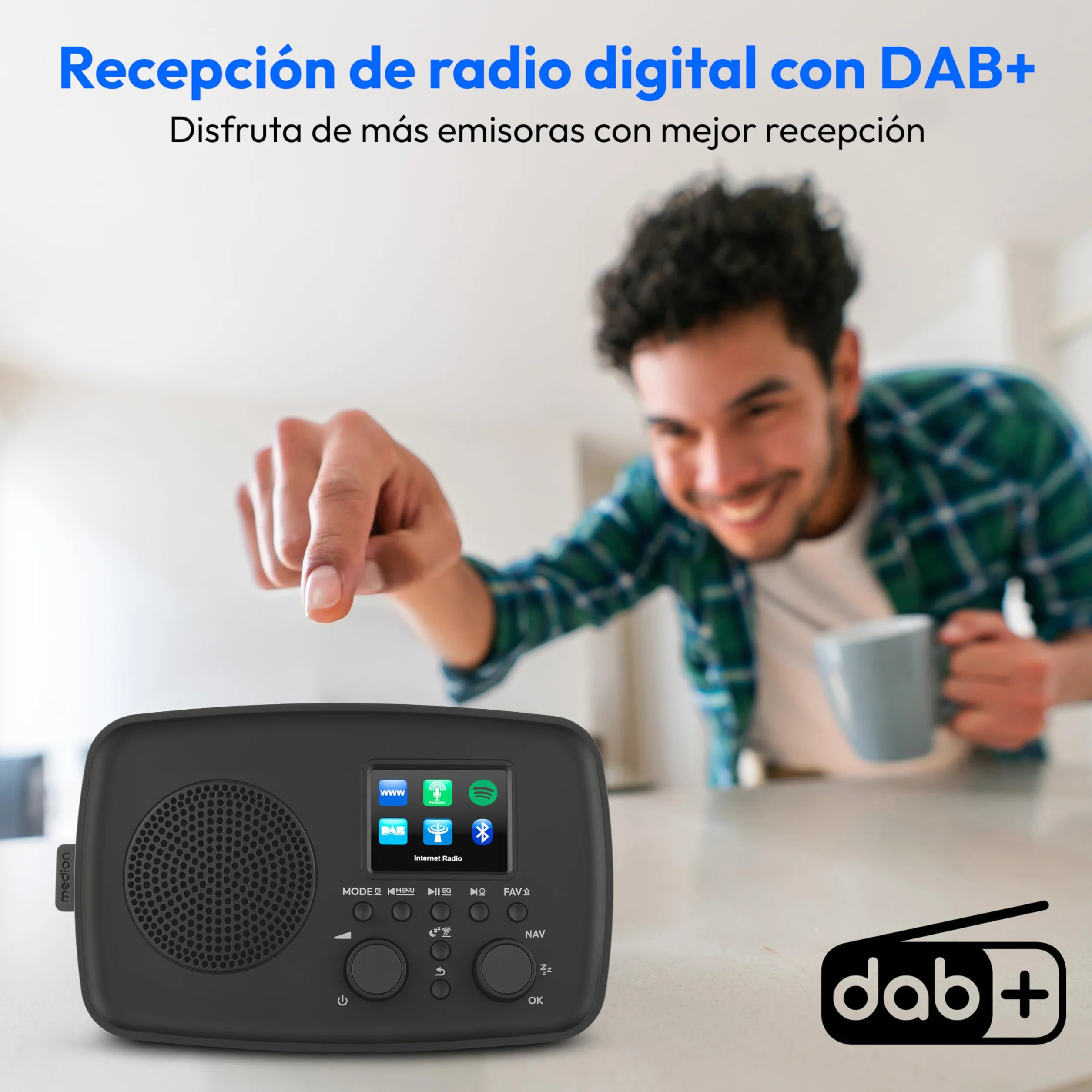 MEDION Radio por Internet con Dab+ IRE-1 (Dab+, Wi-Fi, FM, Bluetooth, protección contra Salpicaduras, Antena telescópica, Spotify Connect, Alarma, dimmer) Negro