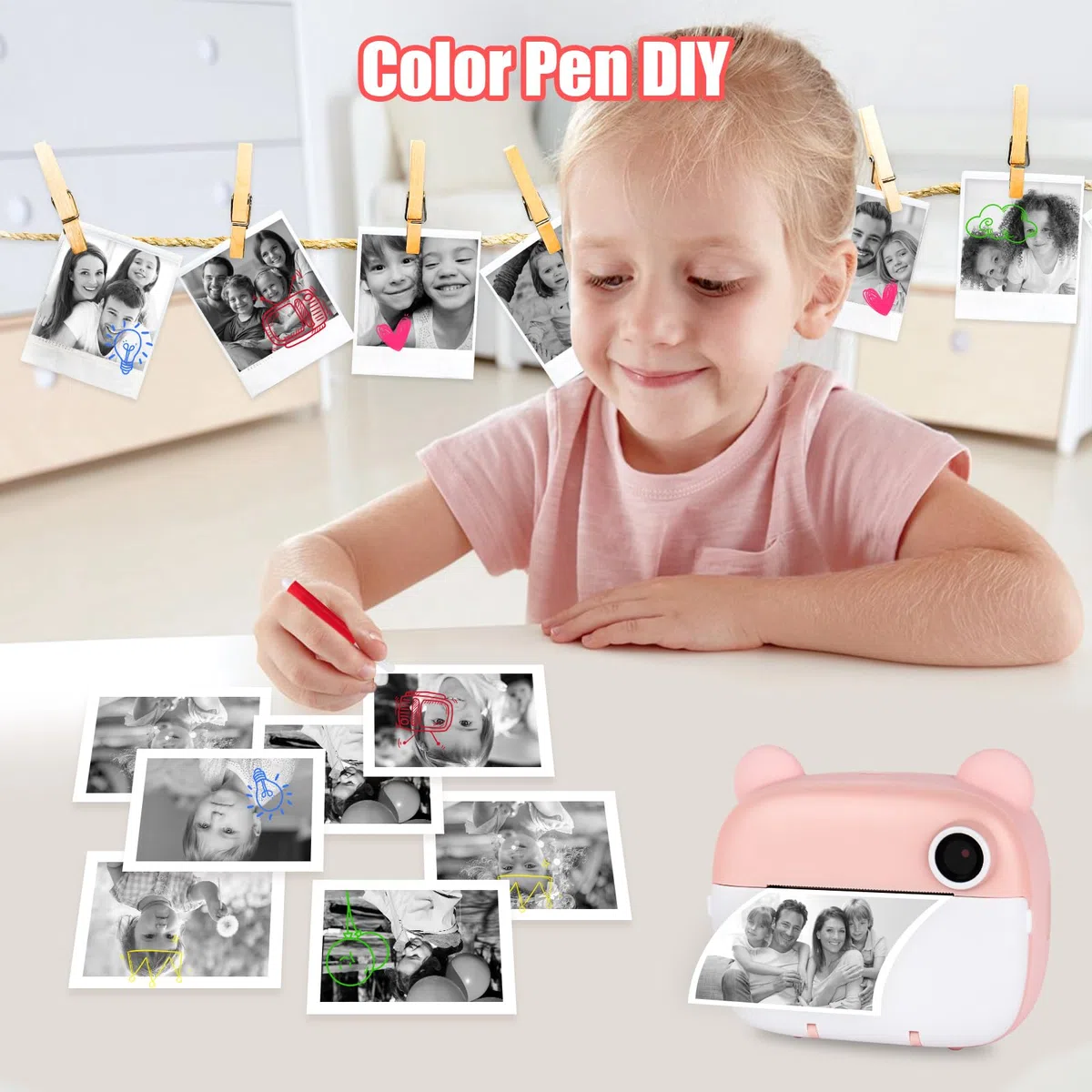 Cámara de fotos infantil, 1080p, cámara instantánea infantil, con tarjeta de 32 GB, papel fotográfico, 3 – 12 años, Navidad, cumpleaños, regalo para niñas y niños (rosa)