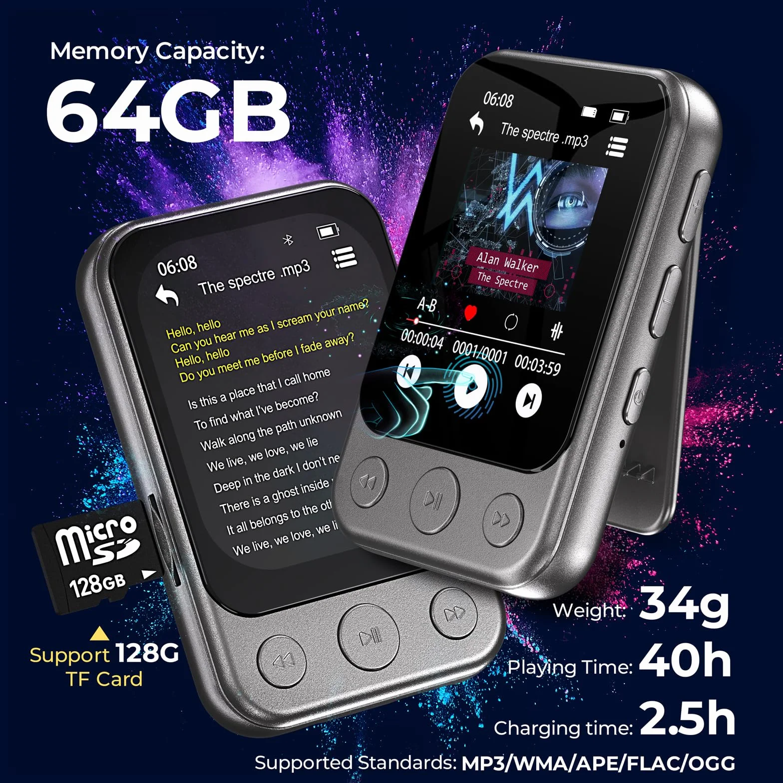 64GB Reproductor MP3 Bluetooth 5.3 con Clip y Altavoz, Reproductor de Música Deportivo con Pantalla Táctil y Botones, Control de Volumen Independiente, Radio FM, Ampliable hasta 128GB