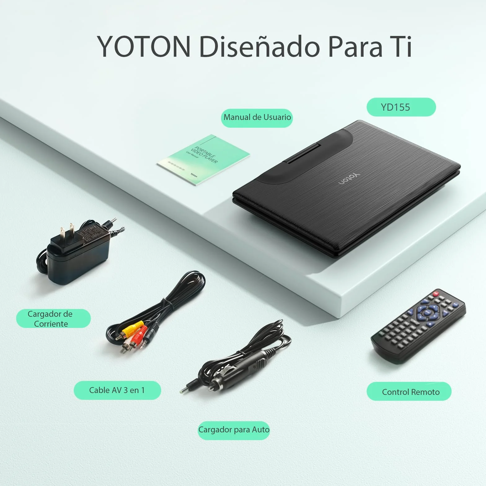 Yoton DVD Portátil 16" Pantalla Giratoria HD 14" Cargador Coche 1.8m Reproducción Memoria