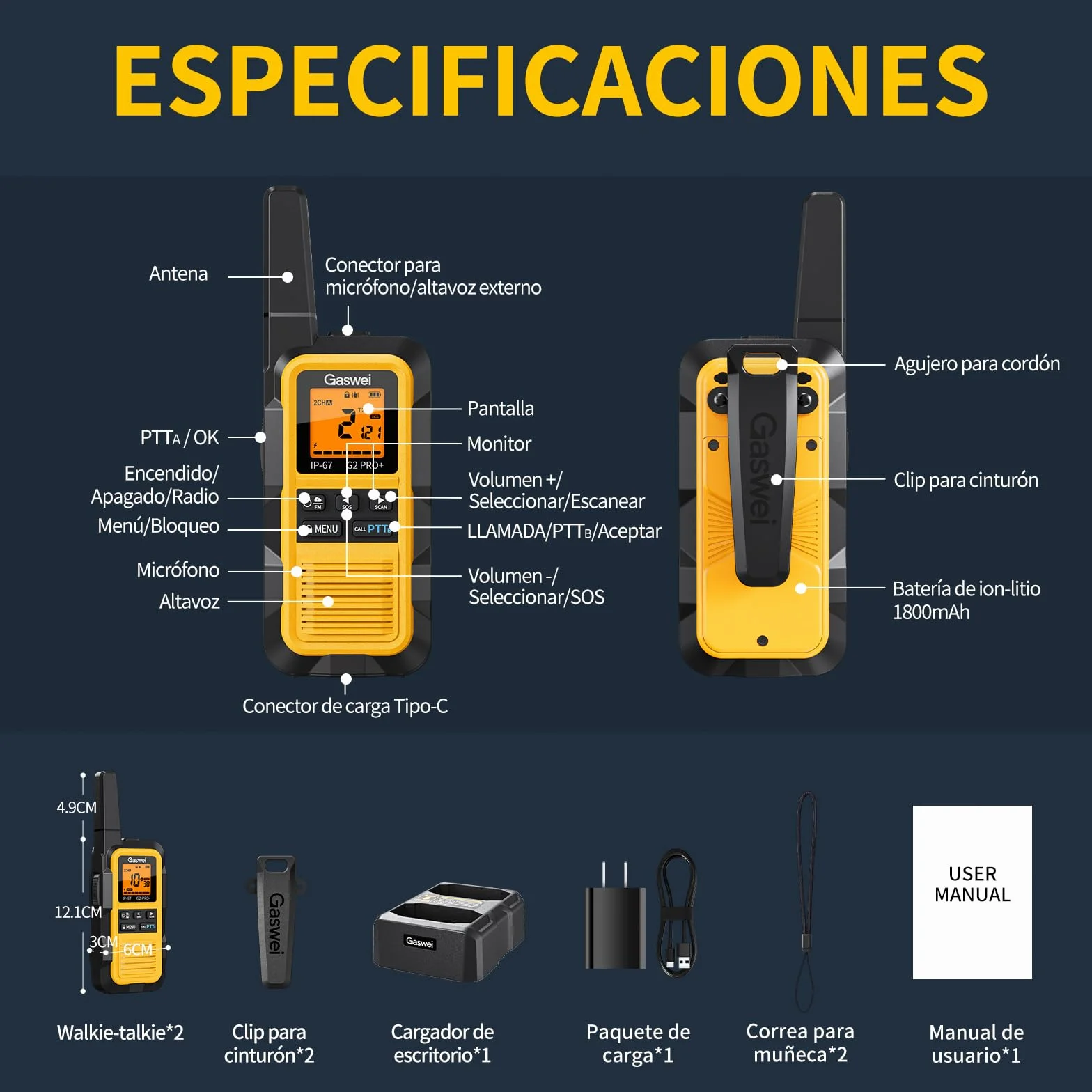 Gaswei G2Pro Walkie-Talkies Profesionales, 2 Unidades - IP67 Impermeable y Flotante, Largo Alcance, SOS, Radio FM, Color Amarillo