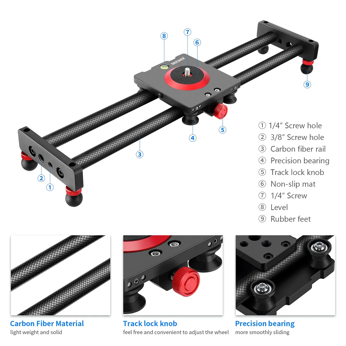 Neewer Mini riel Deslizante Dolly estabilizador de Fibra de Carbono para cámaras/Smartphones, 40 cm Compacto con 4 Almohadillas Carga hasta 1 kg