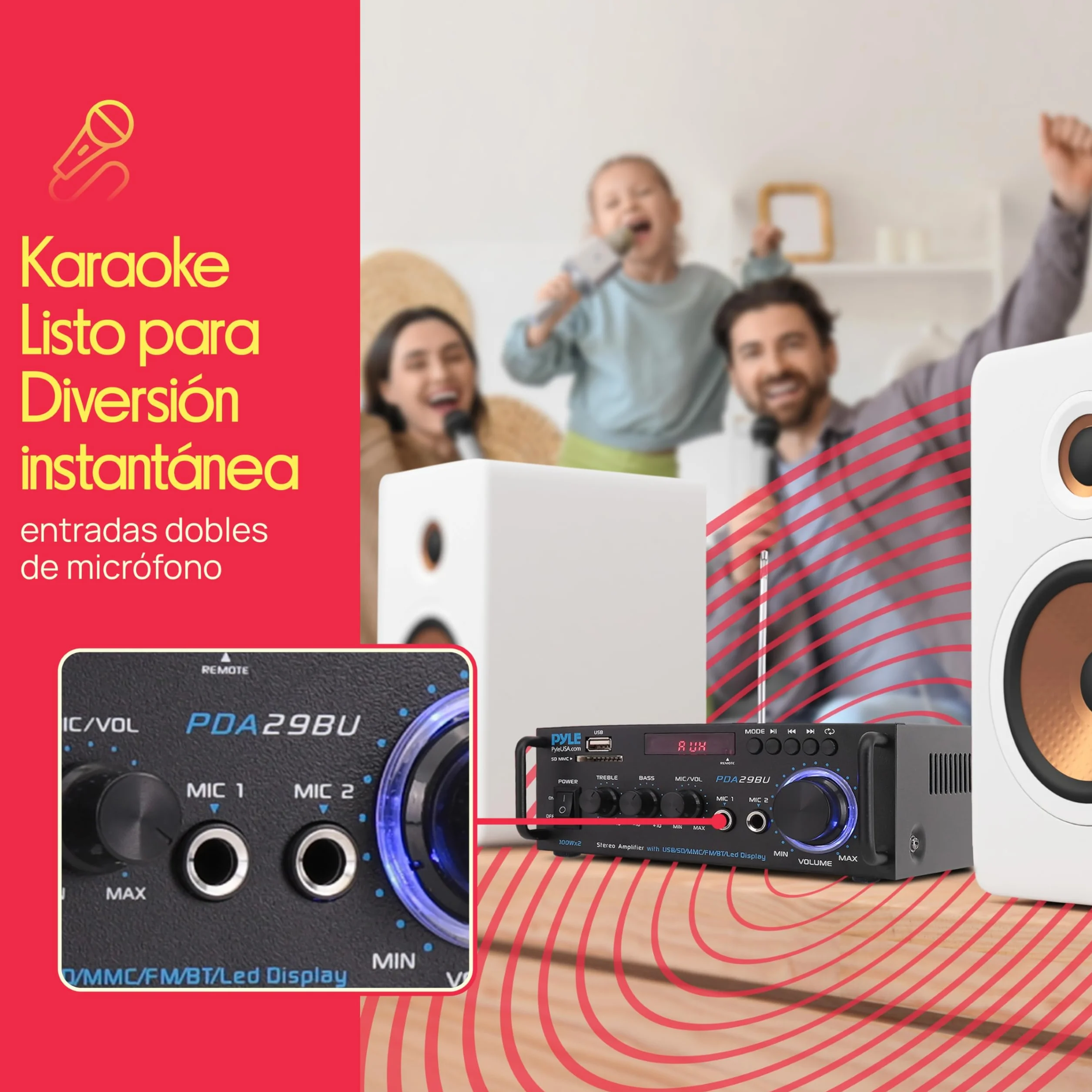 PyleUsa Receptor AV HiFi estéreo para el Hogar con RCA, USB, SD, 2 Micrófonos, Radio FM, Mando a Distancia, Sonido Envolvente para Cine en casa