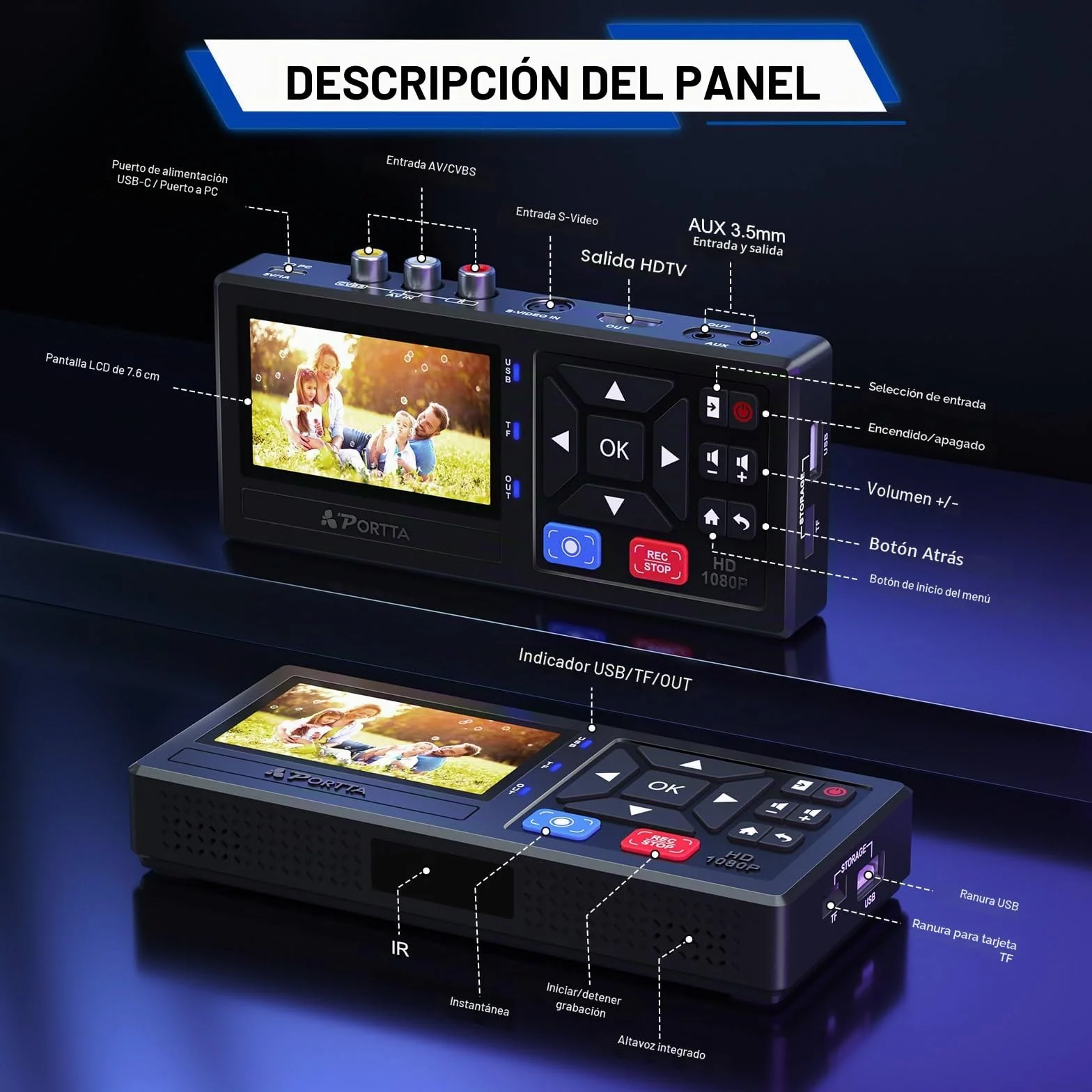 Portta VHS to Digital Convertidor, VHS a Digital Grabador con Remote, RCA to HDMI Converter Compatible con VHS, VCR, DVR, DVD, Hi8, Mini DV, Camcorder, Cassette Tape, Gaming Consoles