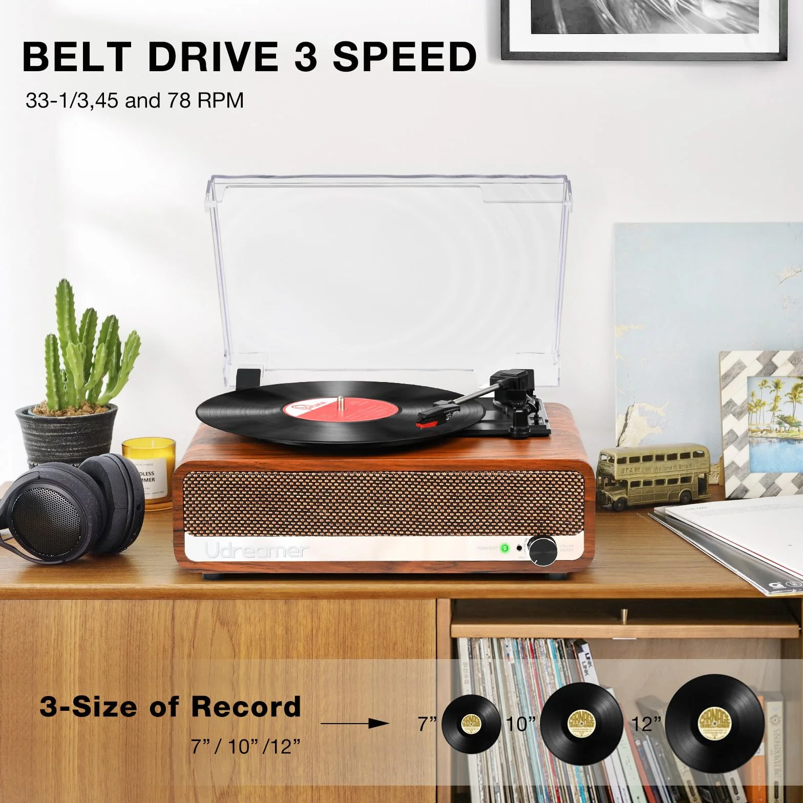 Udreamer Tocadiscos Bluetooth Tocadiscos de Vinilo Soporte USB AUX-in Auriculares RCA Line-out 3 Speed Diseño de Espejo Naranja Amarillo