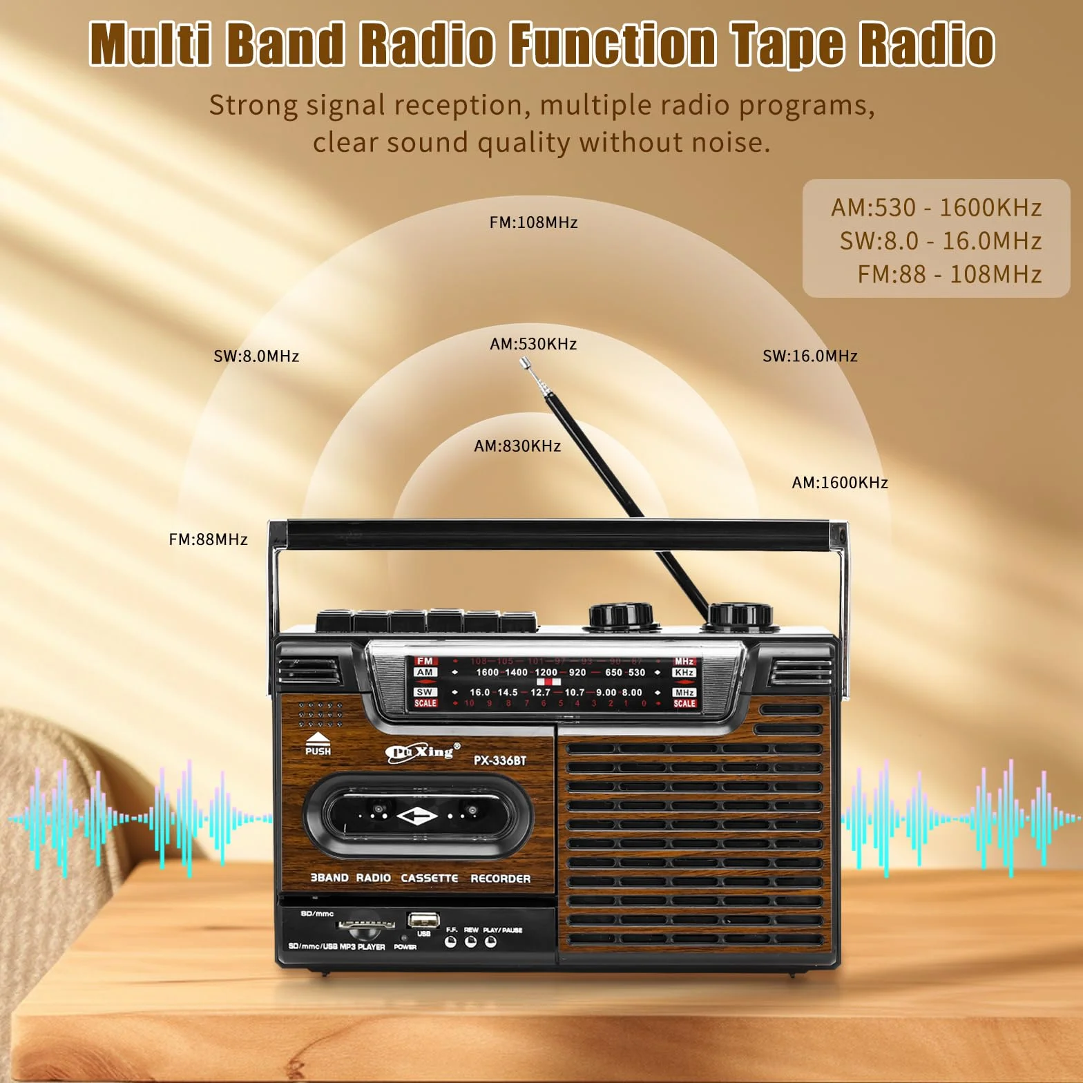 Reproductor de Cinta Portátil Retro Boombox con Radio AM/FM/SW y USB SD MMC Altavoces Incorporados (Grano de Madera)