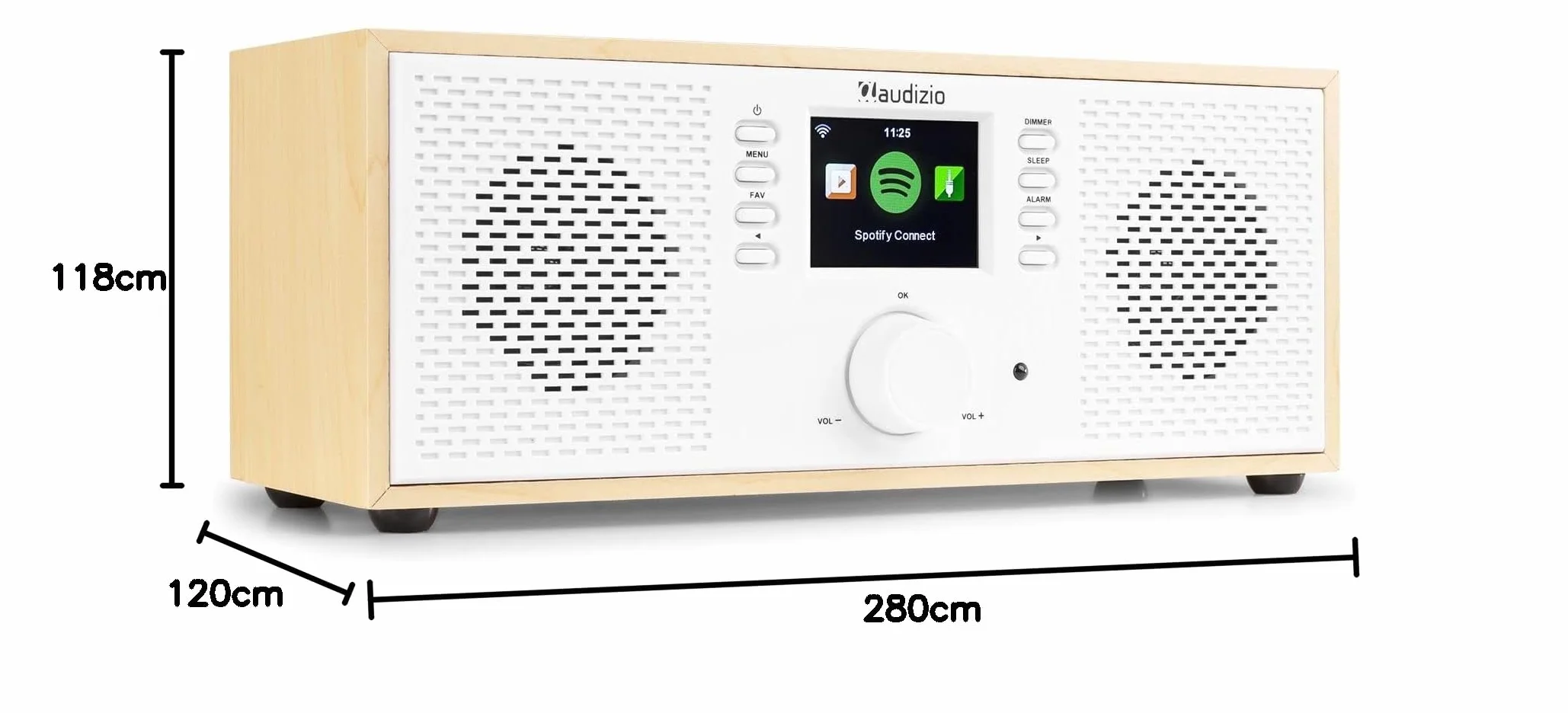 Audizio Rimini - Radio por Internet WiFi con Bluetooth y Spotify Connect, Sonido estéreo de 50W, Salida de Auriculares, Entrada AUX, Ideal para Cocina, salón o Oficina, Acabado Madera Clara y Blanco