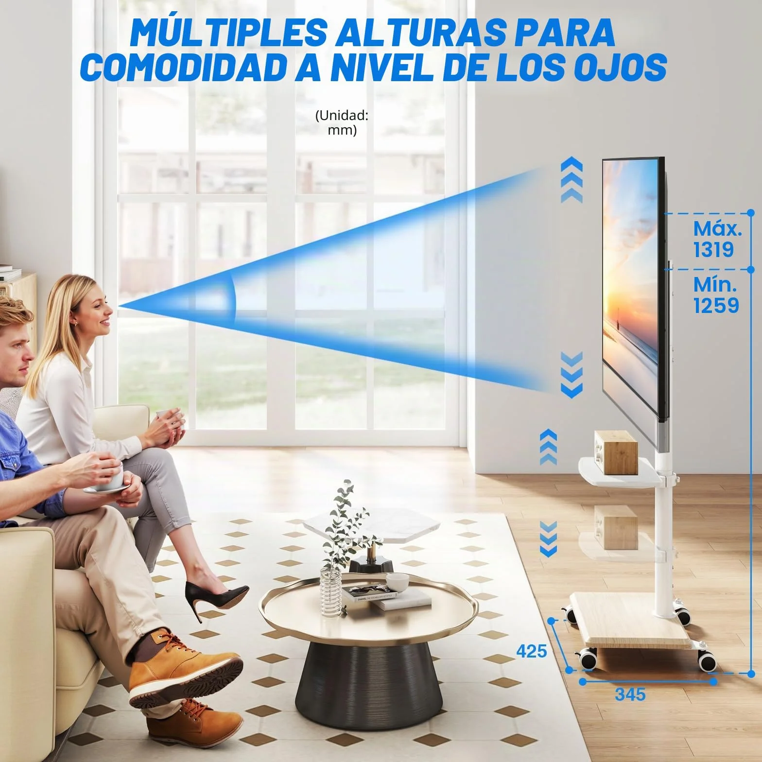 5Rcom Soporte TV Ruedas y Base de Madera para Pantallas de 32 a 70 Pulgadas, Soportes TV con Ruedas, Placa Giratoria y Altura Ajustable MAX VESA 400x400mm (Bianco Puro)